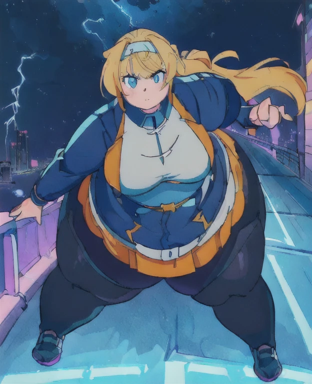 ((best quality, 4k, 8k, anime girl, masterpiece)), ((((beautiful extremely detailed face, beautiful eyes)))), cinematic lighting, perfect anatomy, ((alice synthesis thirty)), (((chubby, SSBBW, very obese, very wide waist, thick waist, round breasts))), (((dark blue jacket, JK uniform, arrow pattern))), (full body view), ((orange blonde hair, glowing hair, long hair, striped headband)), (((very wide waist, thick waist))), (((fully clothed))), ((city lights, highway, bridge, lightning, factory, high voltage warning sign)), ((thick outlines, anime style, vibrant colours)), (brave pose, intimidating pose, standing straight up), armor, ((low angle)),