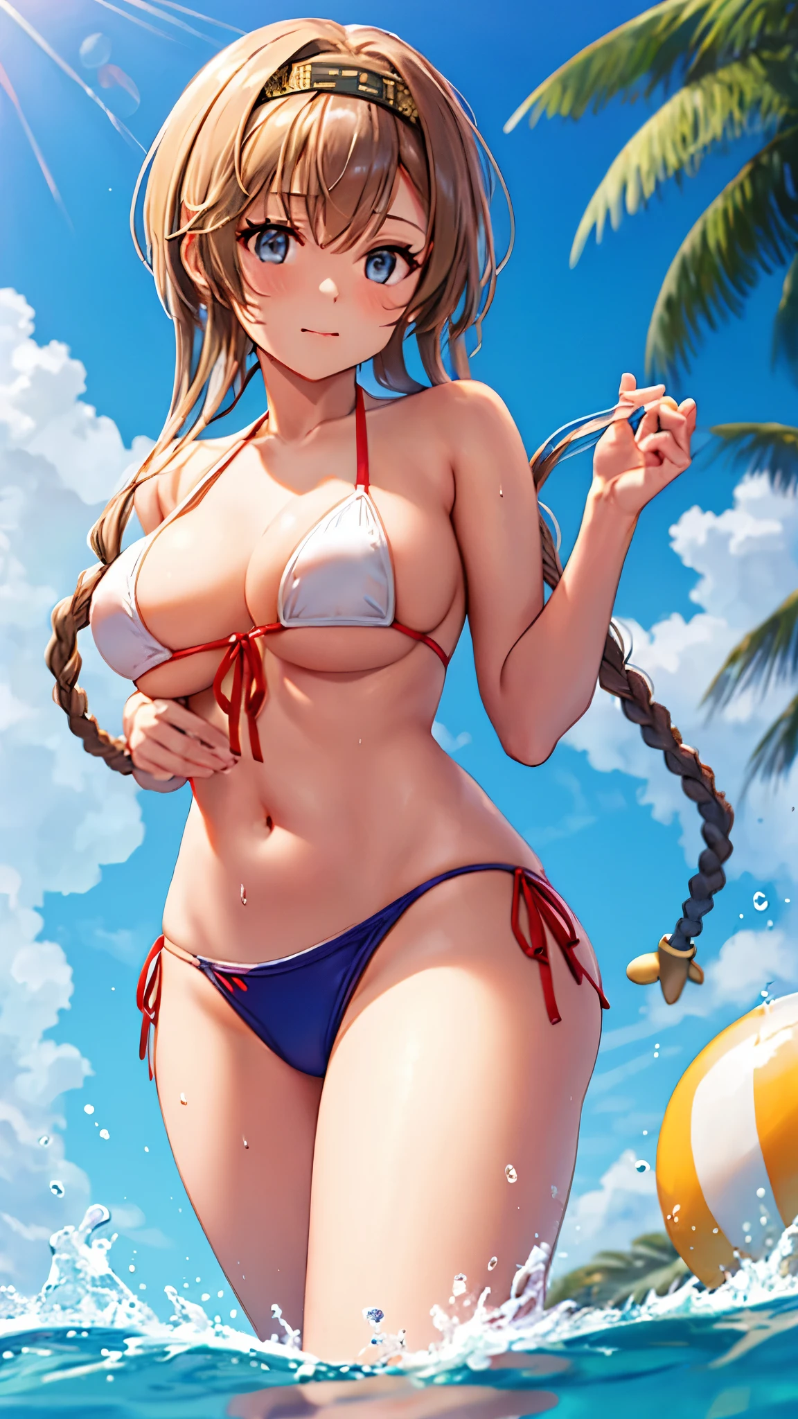 (masterpiece), (Best Quality), (Super detailed) (Very delicate and beautiful)　Kantai Collection_Tezuki　Teruzuki_kantaicollection　1 person　Twin braids、Light brown hair、Propeller hair accessory、blue eyes、(Very big boobs)、Cheek、Headband、Gray、Black headband、(red bikini swimsuit)　Pool　Dynamic　Floating on the water　Embarrassed look