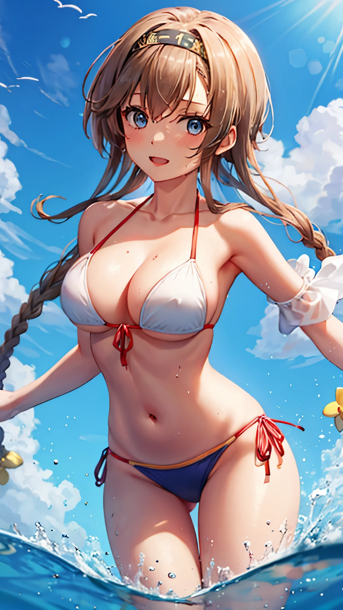 (masterpiece), (Best Quality), (Super detailed) (Very delicate and beautiful)　Kantai Collection_Tezuki　Teruzuki_kantaicollection　1 person　Twin braids、Light brown hair、Propeller hair accessory、blue eyes、(Very big boobs)、Cheek、Headband、Gray、Black headband、(red bikini swimsuit)　Pool　Dynamic　Floating on the water　Embarrassed look