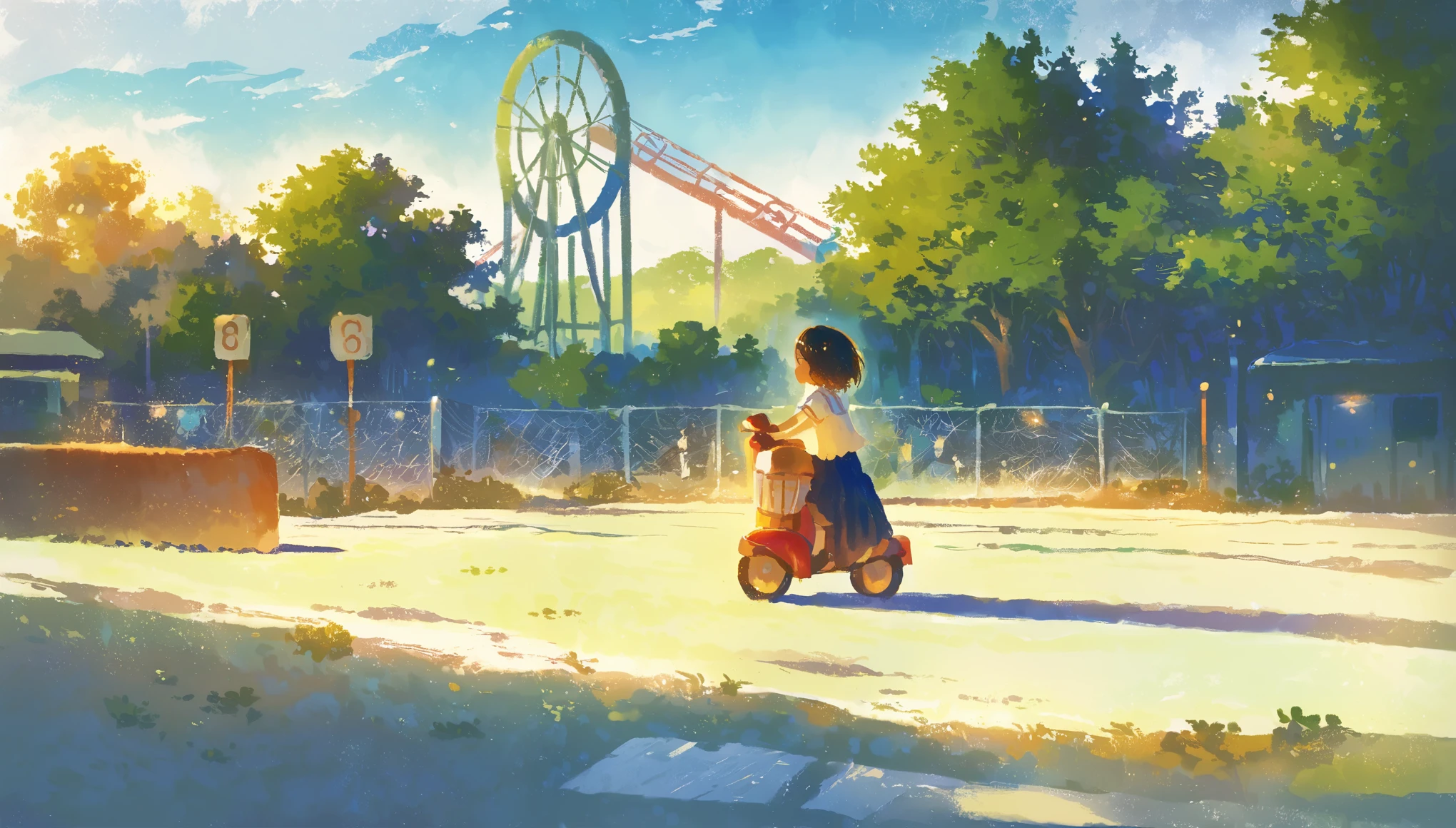 score_9, score_8_up, score_7_up, score_6_up, score_5_up, painting of Deserted amusement park, rusty ride, lonely, nostalgia, eerie, amazing art, masterpiece, best quality, high detail, style of makoto shinkai, by makoto shinkai, by Makoto Shinkai, trending on art-station, trending on art, 4K resolution, perfect lighting, perfect colors, perfect perspective, balanced composition,High quality, cinematic, dramatic, vibrant colors, dynamic, intricate, detailed, by makoto shinkai,
