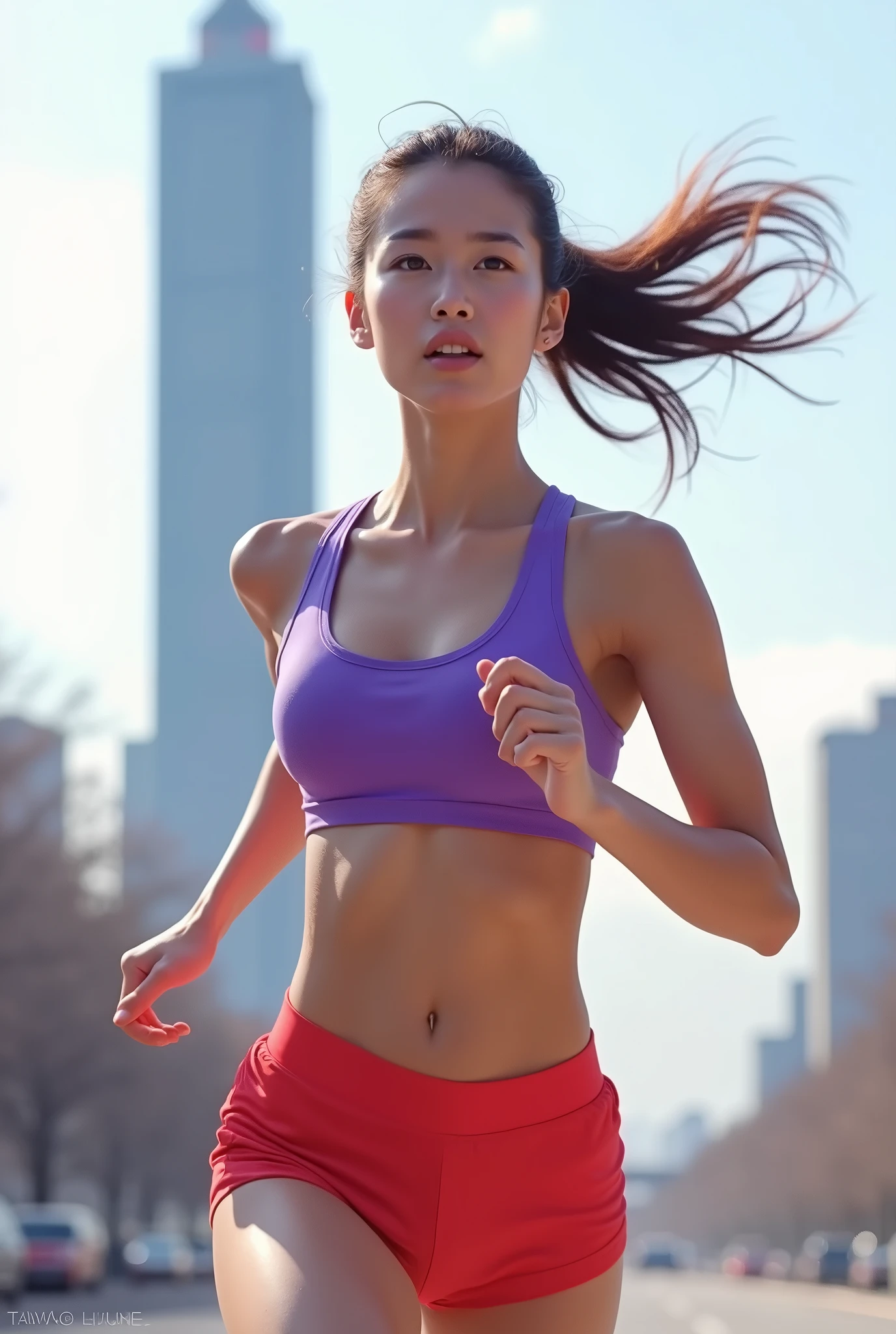 ((Top Quality)), ((8K)), ((Masterpiece: 1.3)), (Perfect Appearance), (Photorealism: 1.6), (Japanese woman jogging: 1.6), (clear background), (Beautiful jogging form with a straight spine: 1.2), japanese woman, (48 years old), ((Standing upright, facing forward, center of screen)), ((Realistic skin texture)), (Fine wrinkles throughout the skin: 1.3), (Dull skin: 1.1), (Skin without moisture: 1.2) , (Wrinkles on the face: 0.9), (Wrinkles on the corners of the eyes: 1.2), Double eyelids, tear bags on the lower eyelids, (Crying moles: 0.9), face is straight, Look in the direction of travel, (Dimples: 1.2), straight medium length, ponytail, hair blowing in the wind, Sun visor, Functional T-shirt that fits your body perfectly, T-shirt damp with sweat, Wear shorts over running tights, running shoes, (upper body is straight: 1.2), clenched fist,center of screen, (focus on upper body),
