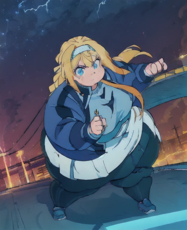 ((best quality, 4k, 8k, anime girl, masterpiece)), ((((beautiful extremely detailed face, beautiful eyes)))), cinematic lighting, perfect anatomy, ((alice synthesis thirty)), (((chubby, SSBBW, very obese, very wide waist, thick waist, round breasts))), (((dark blue jacket, JK uniform, arrow pattern))), (full body view), ((orange blonde hair, glowing hair, long hair, striped headband)), (((very wide waist, thick waist))), (((fully clothed))), ((city lights, highway, bridge, lightning, factory, high voltage warning sign)), ((thick outlines, anime style, vibrant colours)), (brave pose, intimidating pose), ((low camera angle)),