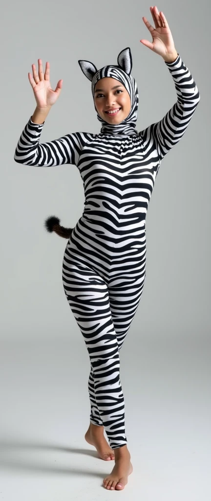 The most beautiful,thin,most pretty and clever Chinese contortion adult girl wears zebra print lycra turtleneck unitard catsuit covered with many stripes.She always wear zebra print lycra dancewear hijab-like zentai hood covered with many stripes.




