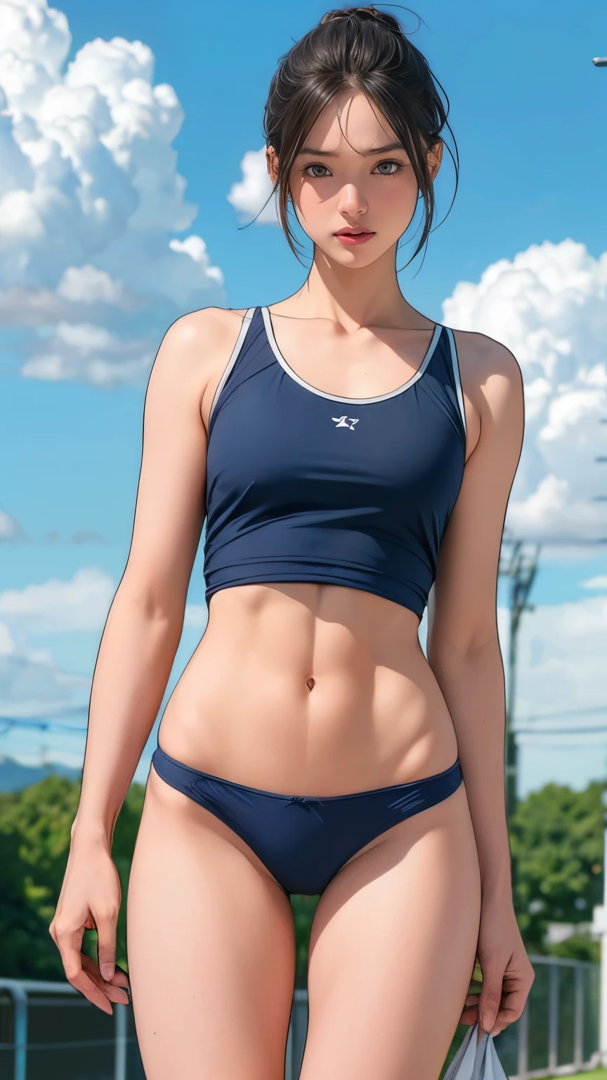 Realistic human skin、girl with、20yr old、Slender eyes、a baby face、Style like a model、Smaller bust、Wet school swimsuit、Water drips from the crotch、Back with legs open、Buttock emphasis、A swimsuit digs into the buttocks、Put your hand on your crotch and touch your crotch、Embarrassed look、
