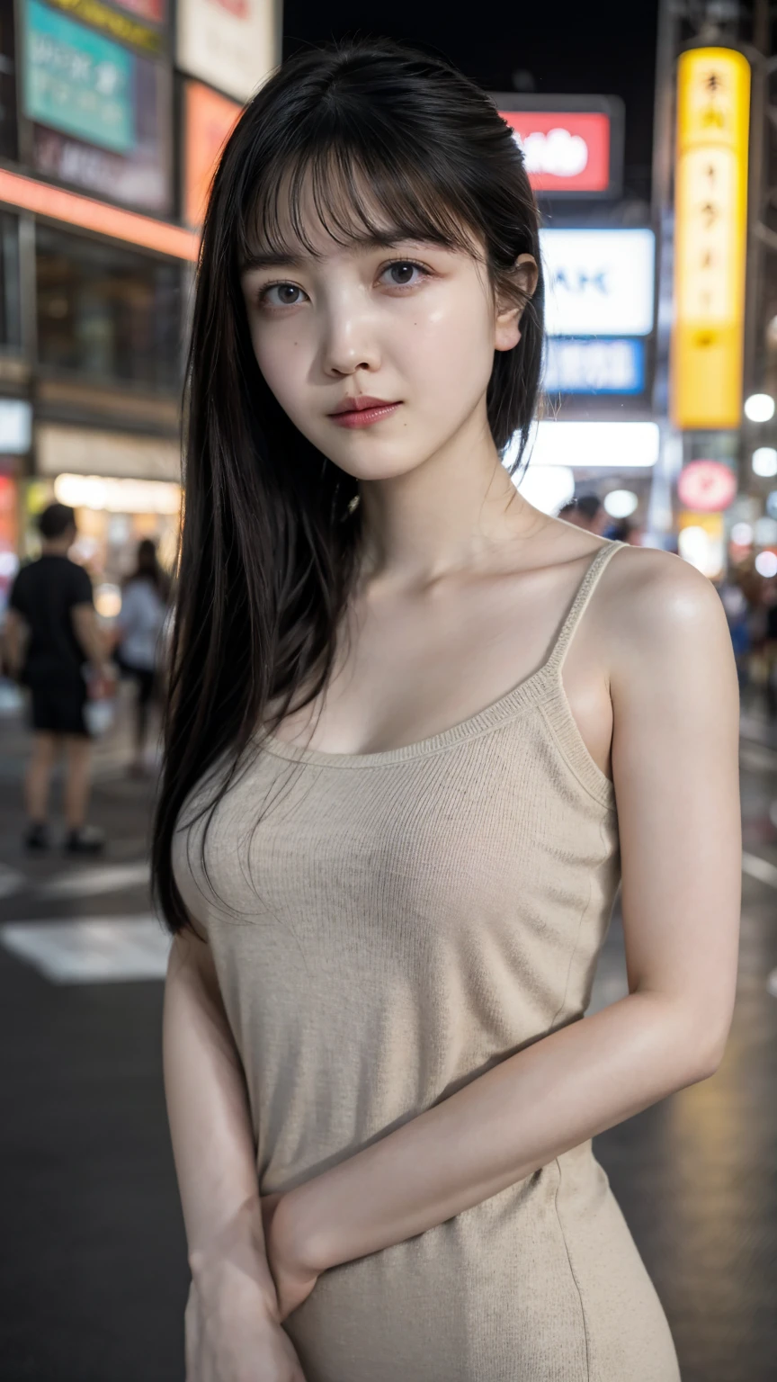 Single girl, summer, city, Osaka street, evening, city lights, medium body shot, close-up, 8k, RAW photo, highest quality, masterpiece, real, photorealistic, breast, open shoulder, long hair, knit strap tanktop,((Looking at viewer)), High Resolution,Award Winning, Realism