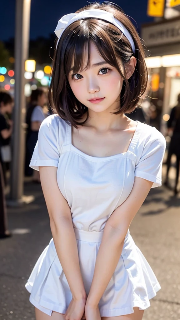 (masterpiece, Best Quality:1.2), 8K, 1 girl, 1 Japanese girl, 85 mm, Official art, Raw photo, Pretty Face, close up, face focus, cute Girl, Cinch waist, beauty thighs, soaking wet, sweat, medium breasts, frilled white apron on naked, frilled maid hairband, large round glasses, standing, leaning forwards, on a street, Looking at Viewer, No makeup, (aroused, embarrassed, blush :1.2), Film grain, chromatic abberation, Sharp Focus, face lights, clear lighting, Teen, Detailed face, Bokeh background