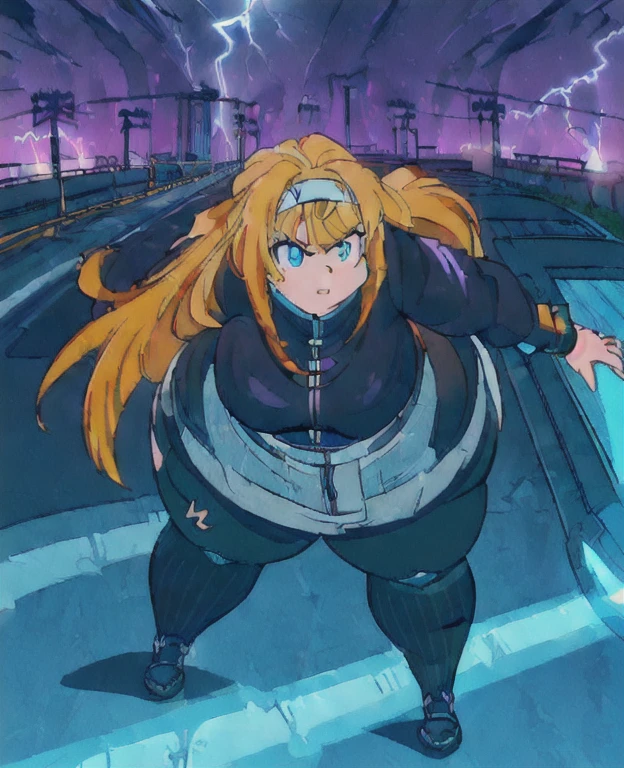 ((best quality, 4k, 8k, anime girl, masterpiece)), ((((beautiful extremely detailed face, beautiful eyes)))), cinematic lighting, perfect anatomy, ((alice synthesis thirty)), (((chubby, SSBBW, very obese, very wide waist, thick waist, round breasts))), (((dark blue jacket, street style, zipper, black jeens)), (full body view), ((orange blonde hair, glowing hair, long hair, striped headband)), (((very wide waist, thick waist))), (((fully clothed))), ((city lights, highway, bridge, lightning, factory, high voltage warning sign)), ((thick outlines, anime style, vibrant colours)), (brave pose, intimidating pose), ((low camera angle)),