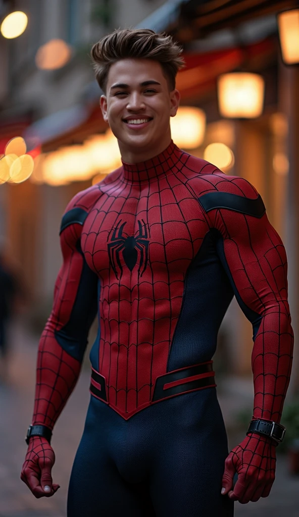 In the captivating picture is a handsome Korean man 3 with his light, white skin like a hero, the background in a large and bold warehouse, his charm radiates as he proudly shows off his sixpack and muscular arms in a full standing pose. He is wearing sexy spider-print underwear and also uses spider-print gloves and socks, which highlight his body shape, He stands in the middle of a giant spider web of his own making, surrounded by a large spider web behind him, Bathed in the golden light of a beautiful day. With unmatched attention to detail., This photorealistic portrait combines Superhero style., Capture every detail of his textured skin in 8k resolution. Leica digital SLR camera. His features are clearly visible., From his deep-set eagle-like eyes to his chiseled jawline., Make this image a true masterpiece.. Lift. (8K UHD、RAW Photography、Leica Digital SLR Photorealistic Portrait、Realistic image), big bulge