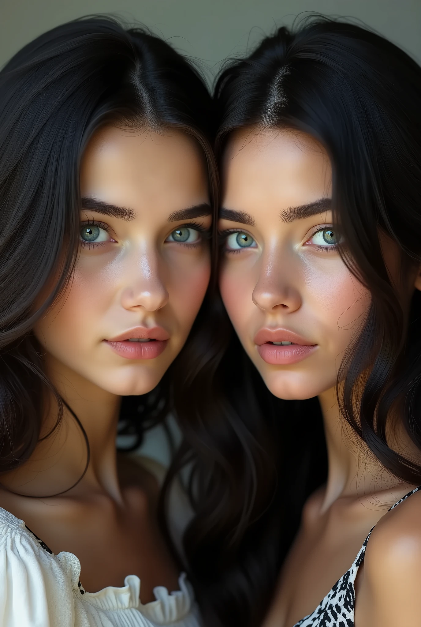 Create a deeply realistic upper body portrait of a woman, ((2heads)), conjoined dicephalus,embracing imperfections in her skin and hair. Zoom in to showcase intricate details. Capture the complexity of her eyes with well-defined irises, conveying depth and emotion. Depict a natural, imperfect texture in her hair, one of them has blonde hair, emphasizing flyaways and individual strands. They are wearing shirt, which is keeping them close. They are side-eyeing each other, facing away from each other.Pay careful attention to the interplay of light and shadow, adding a three-dimensional quality to the portrait. This upper body composition should evoke a sense of genuine beauty in imperfection, striking a balance between realism and artistry,25 years old