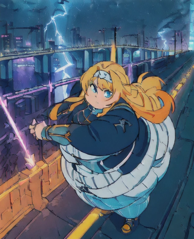 ((best quality, 4k, 8k, anime girl, masterpiece)), ((((beautiful extremely detailed face, beautiful eyes)))), cinematic lighting, perfect anatomy, ((alice synthesis thirty)), (((chubby, SSBBW, very obese, very wide waist, thick waist, round breasts))), (((dark blue jacket, street style, zipper, jeens, cape)), (full body view), ((orange blonde hair, glowing hair, long hair, striped headband)), (((very wide waist, thick waist))), (((fully clothed))), ((city lights, highway, bridge, lightning, factory, high voltage warning sign)), ((thick outlines, anime style, vibrant colours)), (brave pose, intimidating pose), ((low camera angle)),