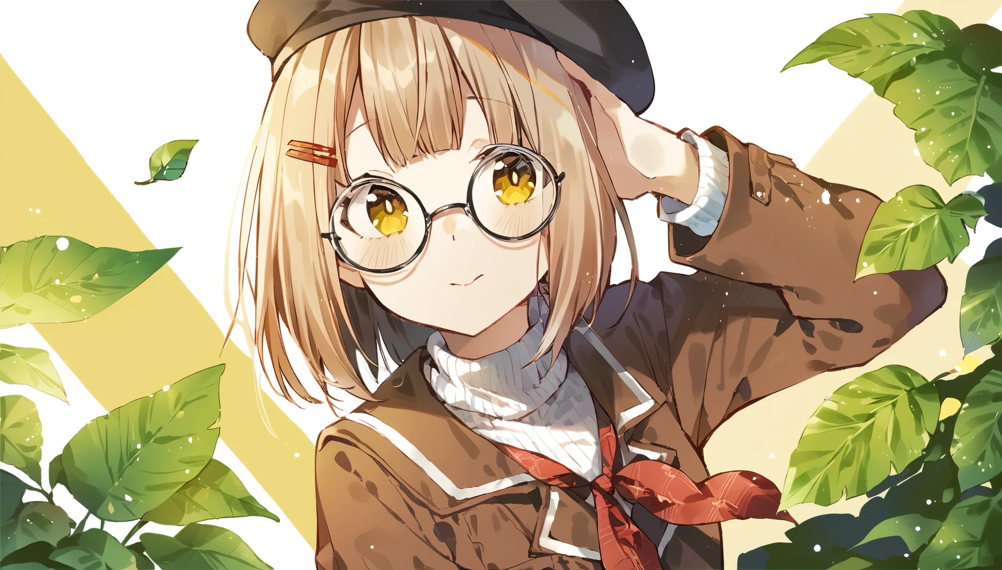 score_9, score_8_up, score_7_up, score_6_up, score_5_up, painting, 1girl, close up, masterpiece, best quality, bokeh, cute, 1girl, solo, beret, hair clip, beige hair, round eyewear, brown jacket, turtleneck sweater, upper body, looking at viewer, yellow eyes, closed mouth, leaf, white background, plant, use of color theory, amazing art, masterpiece, best quality, high detail, style of makoto shinkai, by makoto shinkai, by Makoto Shinkai, trending on art-station, trending on art, 4K resolution, perfect lighting, perfect colors, perfect perspective, balanced composition,High quality, cinematic, dramatic, vibrant colors, dynamic, intricate, detailed, by makoto shinkai,
