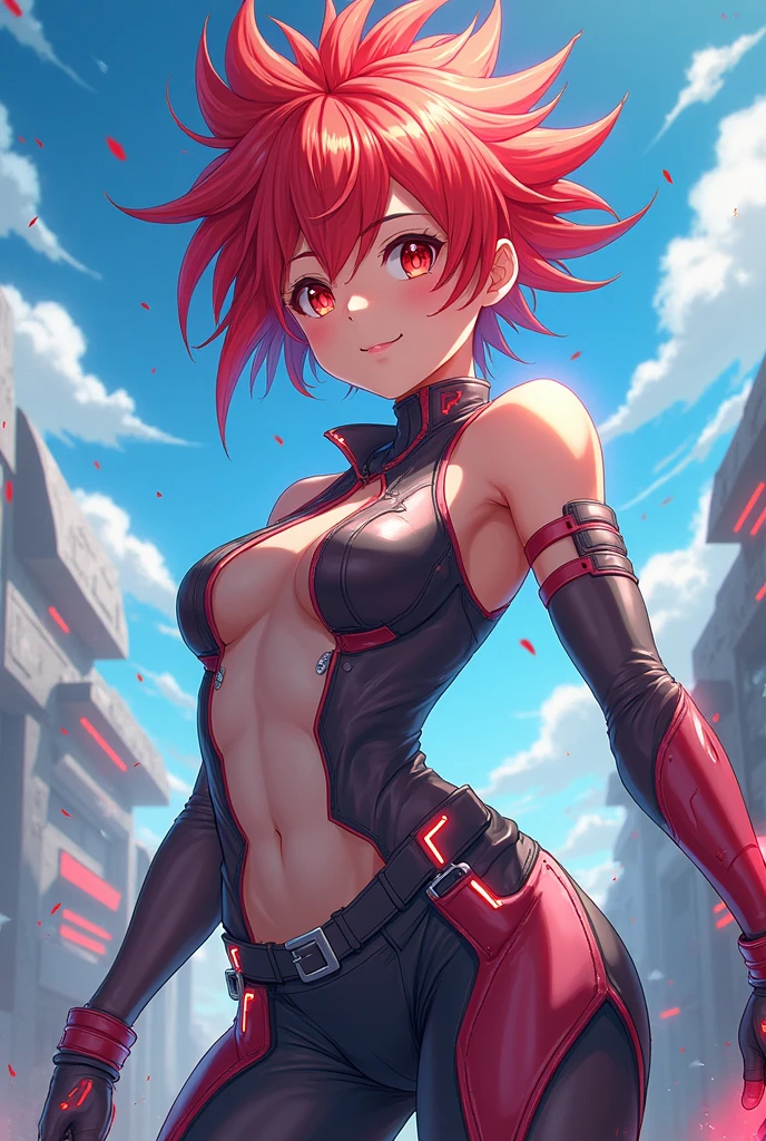 Lumen Reflection, Natural light, Exciting, 3 color scheme, Cowboy Shot, elegant, Sensual:0.6, View Viewer, One girl, woman, alone, blush, Open your mouth, smile, teeth, SFW, matoi ryuuko b, senketsu, Suspender skirt