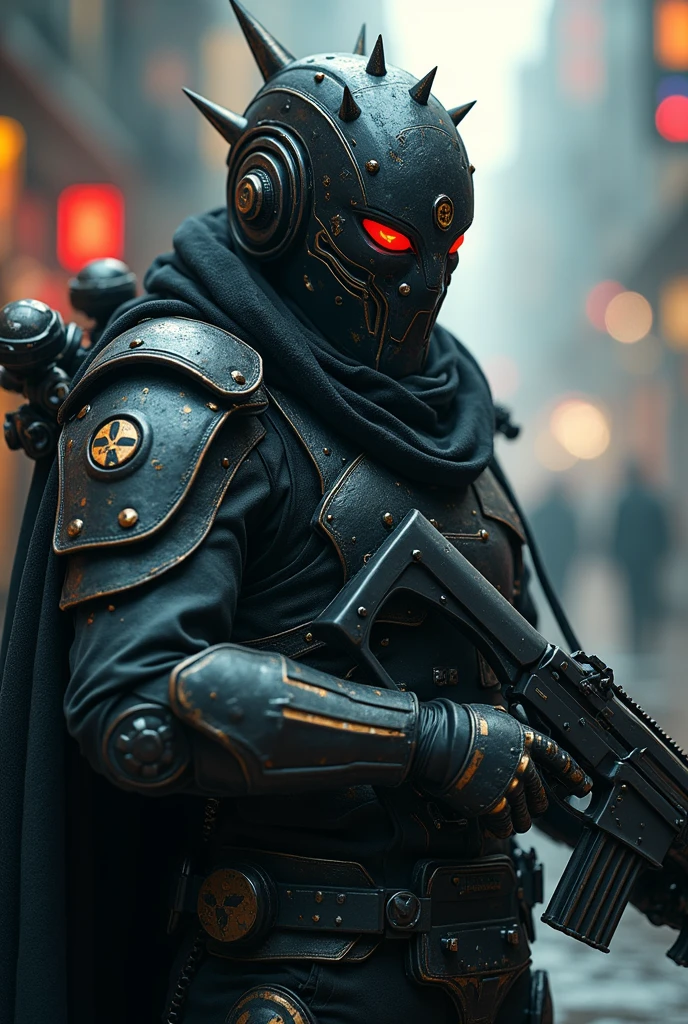 cinematic scene of a cyberpunk style warrior, with state-of-the-art oni-style robotic mask  , Fierce, glowing robotic eyes with state-of-the-art metal armor,with tactical black robotic metal spikes, carrying a shotgun  , warlike and decadent background, Hyperrealistic image, Natural light, Set in a dystopian and cyberpunk world, futurist, image in 3/4 profile.