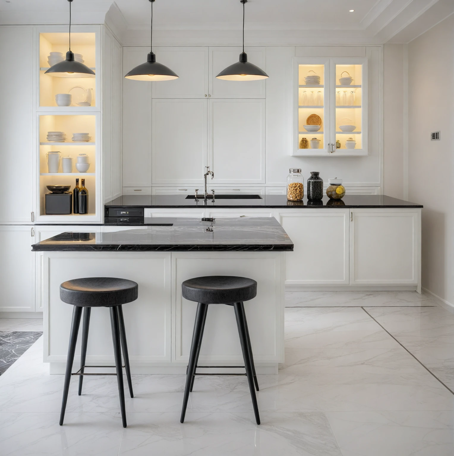 Raw photo,Masterpiece, high quality, best quality, authentic, super detail, indoors, interior , (kitchen :1.3)), modern style, daylight, (WHITE WALL),luxury, marble tile floor, fridge, black stone counter top