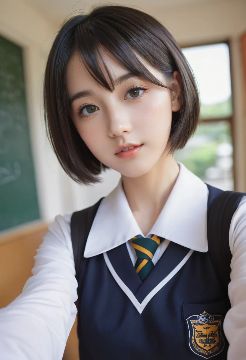 8k,High resolution,skin details, Beautiful facial features, school uniform,selfie, short hair, —p POV