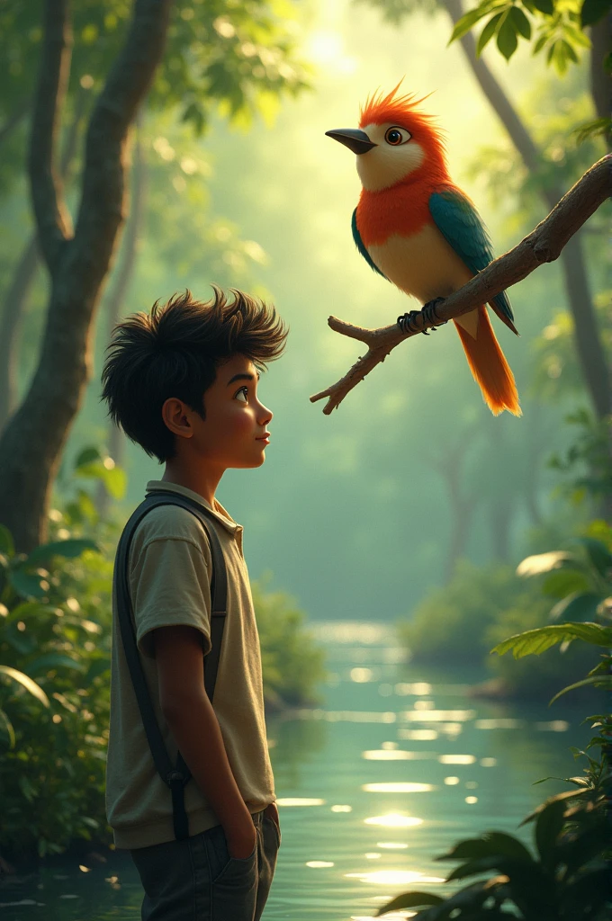 An indigenous boy pointing at a river surprised to see a bird, in a jungle biome