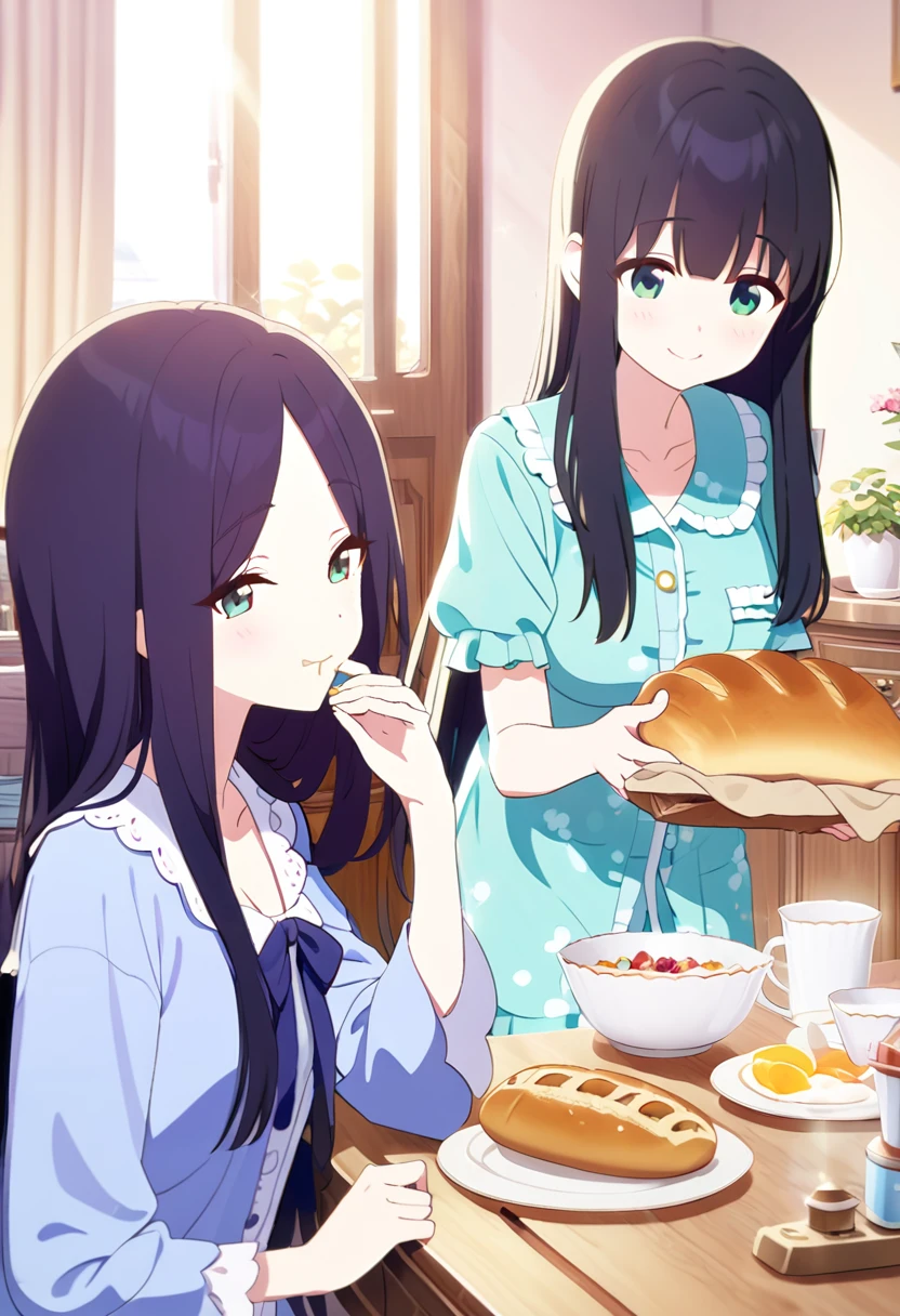 Super beautiful picture quality、High school girl、Slightly droopy eyes、Kind Face、Firm breasts、pajamas、Inside the house、The morning sun shines in、Bright green eyes、Living room of the house、A table with breakfast、Eating a loaf of bread、Cute Smile、Chewing his mouth、Black Hair、Smooth long straight hair、Top quality backgrounds、Fine weather