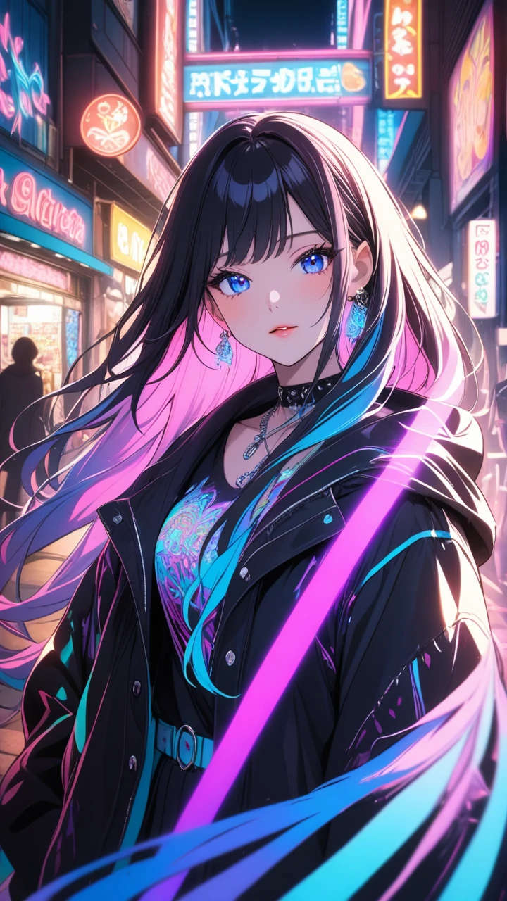 1girl, backlighting, blacklight, beautiful detailed eyes, beautiful detailed lips, beautiful detailed face, long eyelashes, glowing skin, ethereal, mystical, surreal, dramatic lighting, neon, ultraviolet, psychedelic, vibrant colors, high resolution, cinematic, atmospheric, harajuku fashion, AKIHABARA, wide angle 