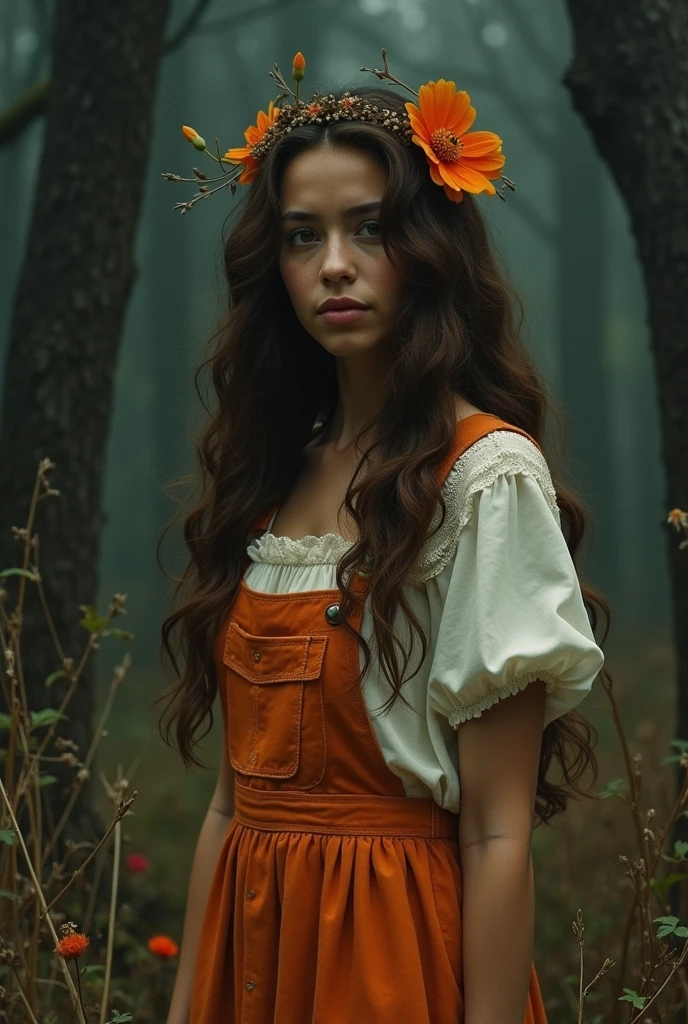 a creepy girl made of dead red plants, in an autumn forest at sunset, high saturation,