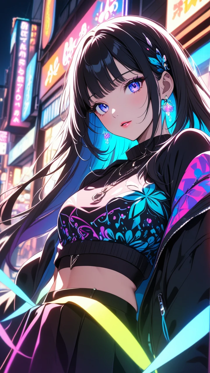 1girl, backlighting, blacklight, beautiful detailed eyes, beautiful detailed lips, beautiful detailed face, long eyelashes, glowing skin, ethereal, mystical, surreal, dramatic lighting, neon, ultraviolet, psychedelic, vibrant colors, high resolution, cinematic, atmospheric, harajuku fashion, AKIHABARA, wide angle 