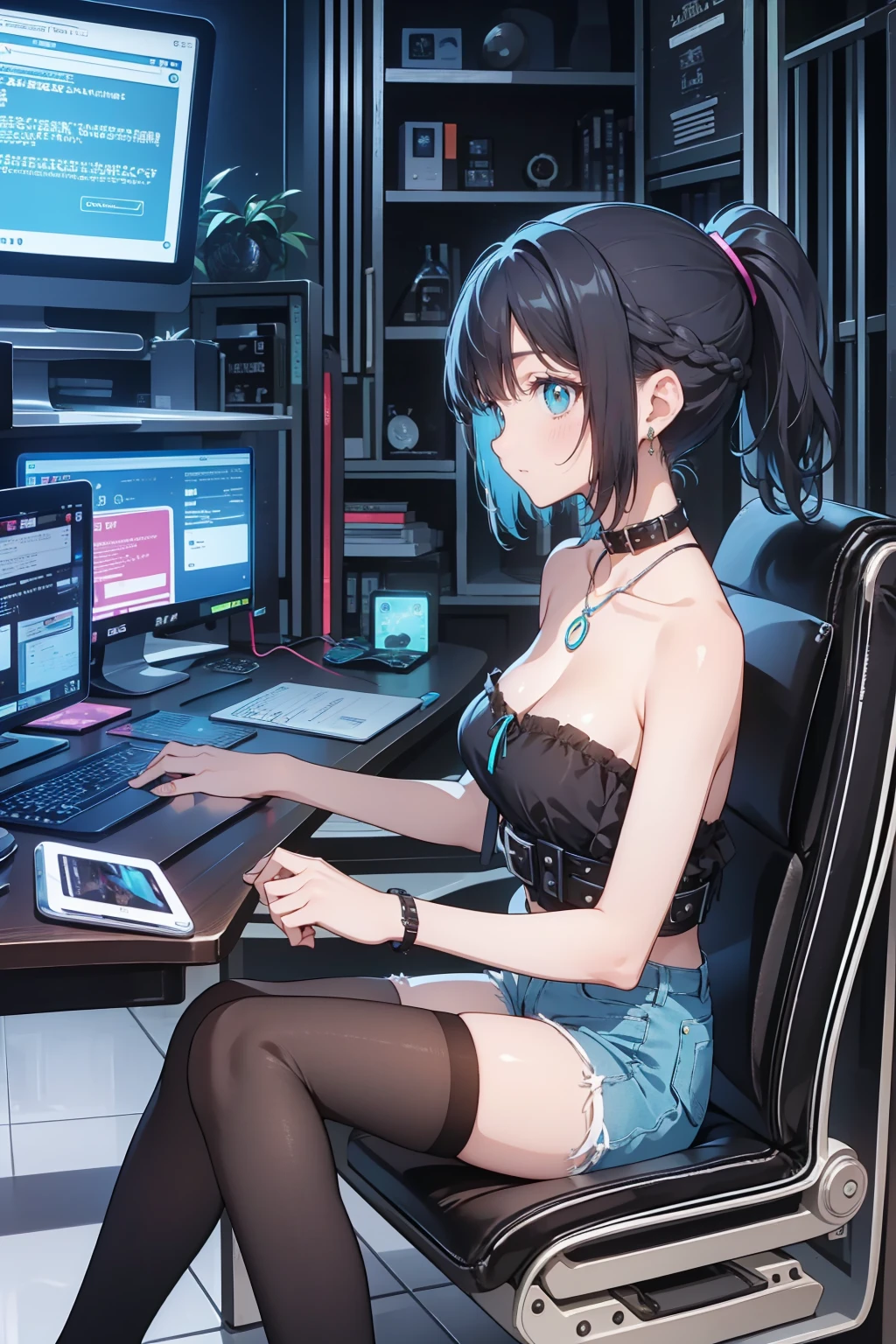 とても若いgirl, code, Hacker Style, curve,Sit there、Side view、Deep purple, dark, Braids, dark blue hair, cable, Vintage, Cyberpunk, データセンターのbackground, Deep purple主题, Night City、Best Quality, Best image quality, girl, 20 years old, Medium Bust, Big Breasts, Sparkling amber eyes, Aqua Eye, Eye Reflexes, Long upper eyelashes, Long, messy hair, Wavy, top ponytail, ((Black sexy strapless short tube top)), Leather jacket, (White denim hot pants), ((Black thigh-high socks)), smile, Glowing headphones, Diamond earrings, Wristbands, necklace, ring, Sit on a chair, In front of the computer, Play video games, Lean forward, Open one shoulder, joy, Mouth biting bread, View the computer, A slight blush, Beautiful art, background((Hacker Room, Server Room, Neon Light, Braces, Notes)), flight, Debris Scattered, Line depth, movie, Visual Arts, Perfect Art, Genuine, Verism, Anime Style, Shining Light, movie照明, Chiaroscuro, Ray Tracing, 8k, masterpiece, Ultra-fine skin, Super detailed face, Perfect Face, Extremely fine facial detail, Beautiful and delicate eyes, Perfect Eyes, Correct limbs, Correct Fig, Super detailed fig, Best hair quality, Best Clothing Quality, Best Prop Quality
