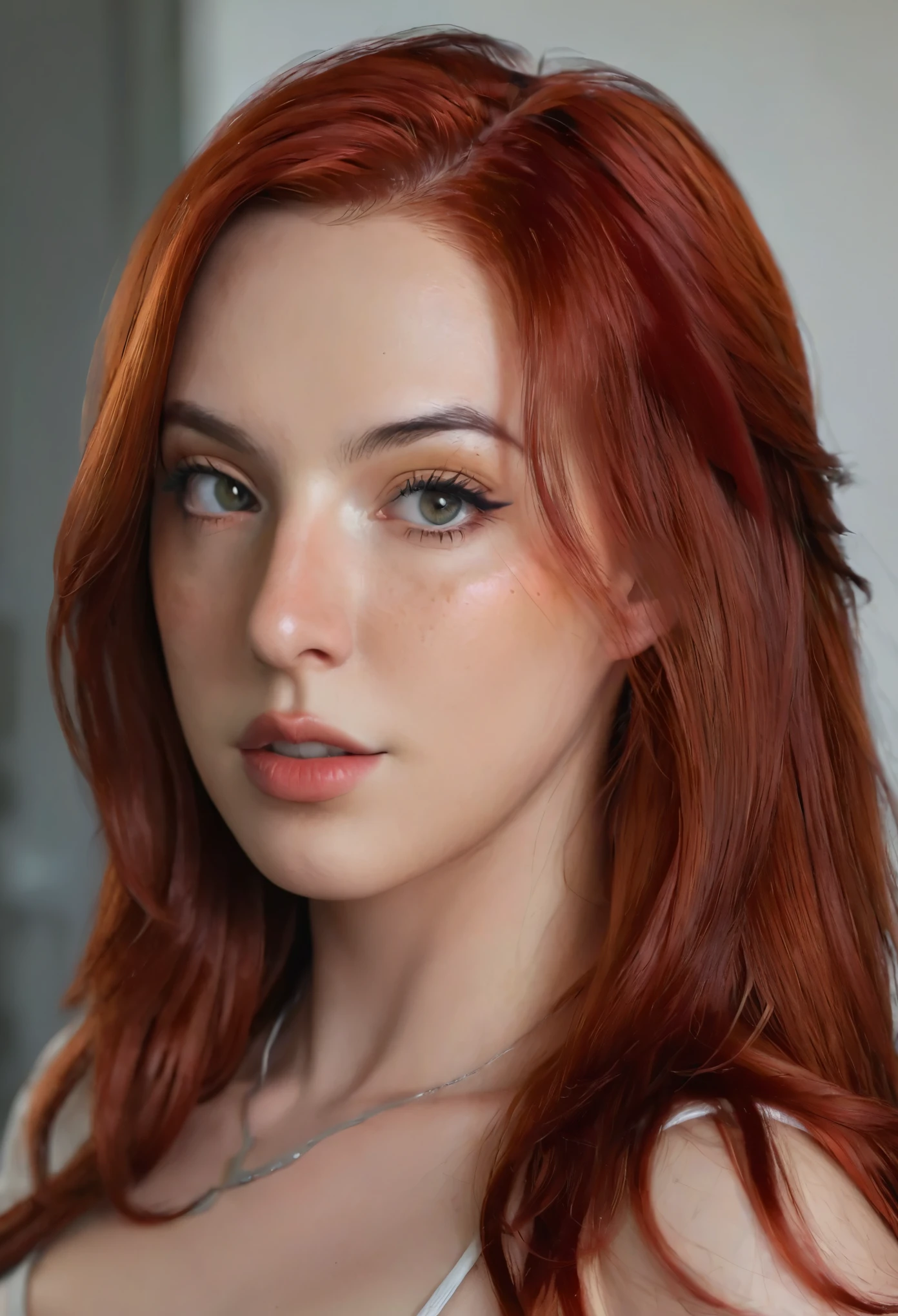 Sexy red hair, missbriso portrait of her facing the camera with soft even lighting, , looking right at the camera high quality, masterpiece, UHD (facing the camera) (front view)  flat, even lighting  realistic human face, real human face with skin, realistically rendered face, human face realistic, single realistic face, human realistic face, realistic person, extremely realistic face, realistic detailed face, ultra realistic face, face very realistic, realistic restored face, detailed realistic face, highly detailed realistic face
