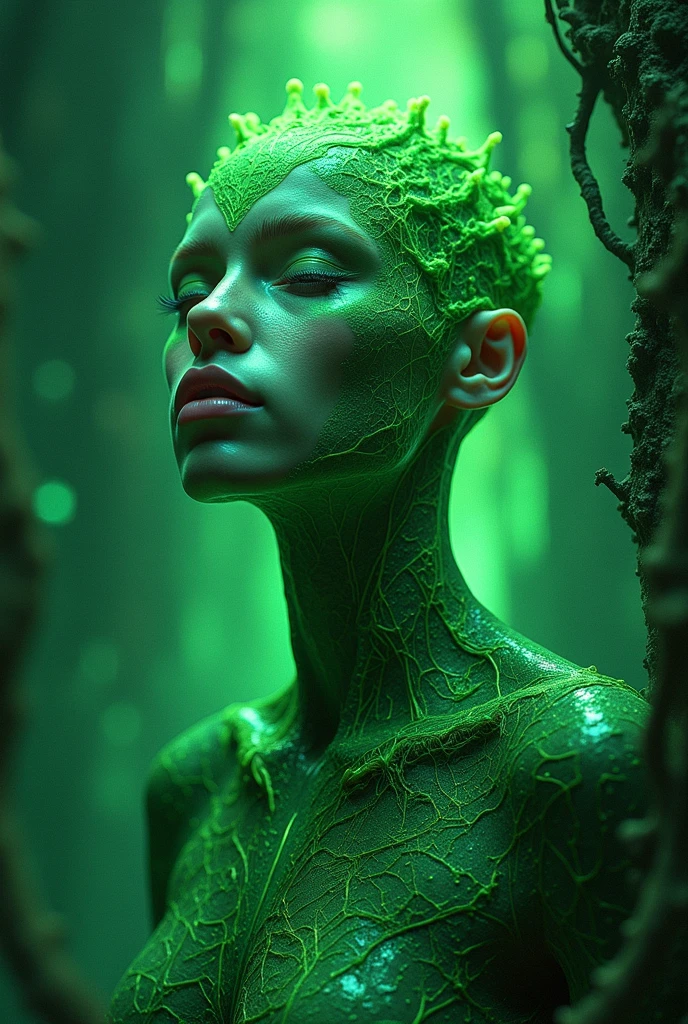 a camouflage-green mannequin made of marble , Beeple, cinema 4 d, cyberpunk art, net art , in the rain forest