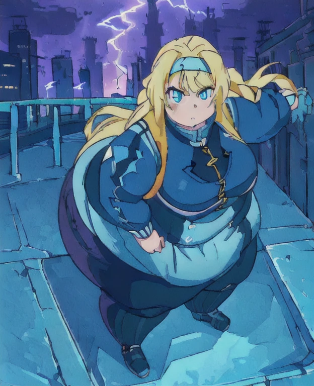 ((best quality, 4k, 8k, anime girl, masterpiece)), ((((beautiful extremely detailed face, beautiful eyes)))), cinematic lighting, perfect anatomy, ((alice synthesis thirty)), (((chubby, SSBBW, very obese, very wide waist, thick waist, round breasts))), (((dark blue jacket, street style clothes, zipper)), (full body view), ((blonde hair, glowing hair, long hair, striped headband)), (((very wide waist, thick waist))), (((fully clothed))), ((city lights, bridge, lightning, factory)), ((thick outlines, anime style, vibrant colours)), (brave pose, intimidating pose),