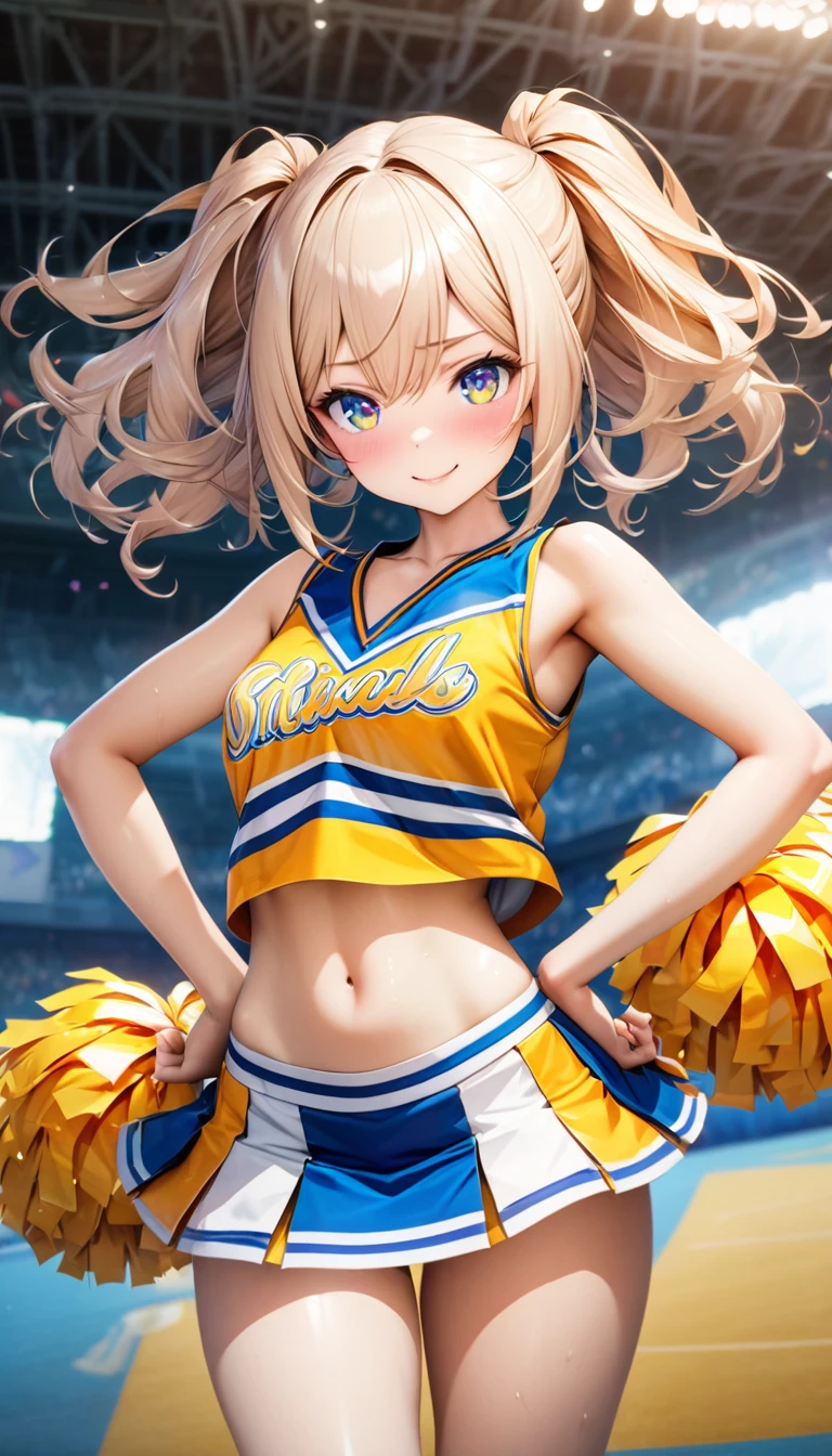 masterpiece,highest quality,32K,ultra detailed,young woman,light brown eyes,light makeup, full breasts,cleavage,fair skin,shiny skin,happy smile,silky hair,bangs,long hair,straight hair,ponytail,blond,cheerleader costume,midriff peek,thigh-high socks,looking at viewer,cowboy shot,ground