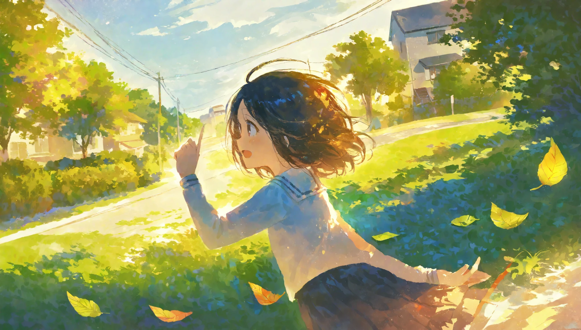 score_9, score_8_up, score_7_up, score_6_up, score_5_up, painting of one girl surrounded by leaves floating around her, sunny, beautiful, city background, use of color theory, amazing art, masterpiece, best quality, high detail, style of makoto shinkai, by makoto shinkai, by Makoto Shinkai, trending on art-station, trending on art, 4K resolution, perfect lighting, perfect colors, perfect perspective, balanced composition,High quality, cinematic, dramatic, vibrant colors, dynamic, intricate, detailed, by makoto shinkai,
