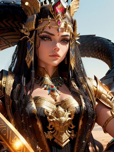 Photo realistic full body of an Egyptian dragon queen, gold, f1. 8, dslr, Portrait Lighting, ultra-realistic, 4k, sitting on the neck of a white flying dragon over the Egyptian city.