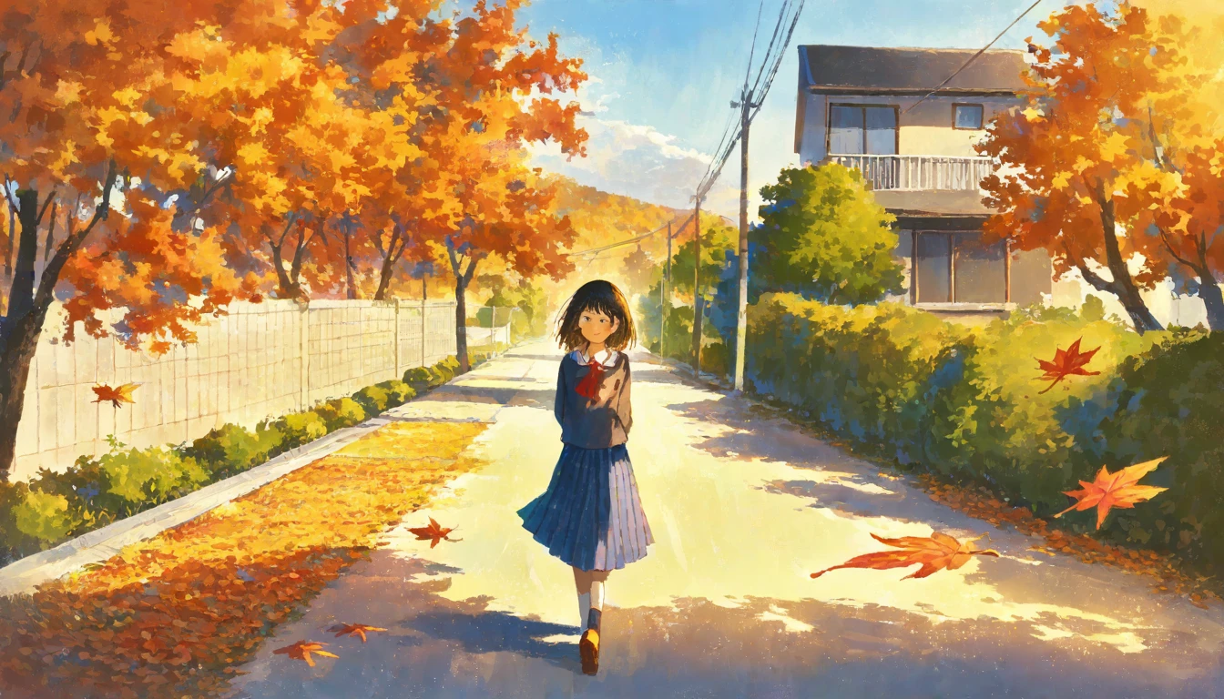 score_9, score_8_up, score_7_up, score_6_up, score_5_up, painting of  1girl walking in a suburb. autumn, floating leaves, leaves floating around her, sunny, beautiful, city background, long shot, use of color theory, amazing art, masterpiece, best quality, high detail, style of makoto shinkai, by makoto shinkai, by Makoto Shinkai, trending on art-station, trending on art, 4K resolution, perfect lighting, perfect colors, perfect perspective, balanced composition,High quality, cinematic, dramatic, vibrant colors, dynamic, intricate, detailed, by makoto shinkai,
