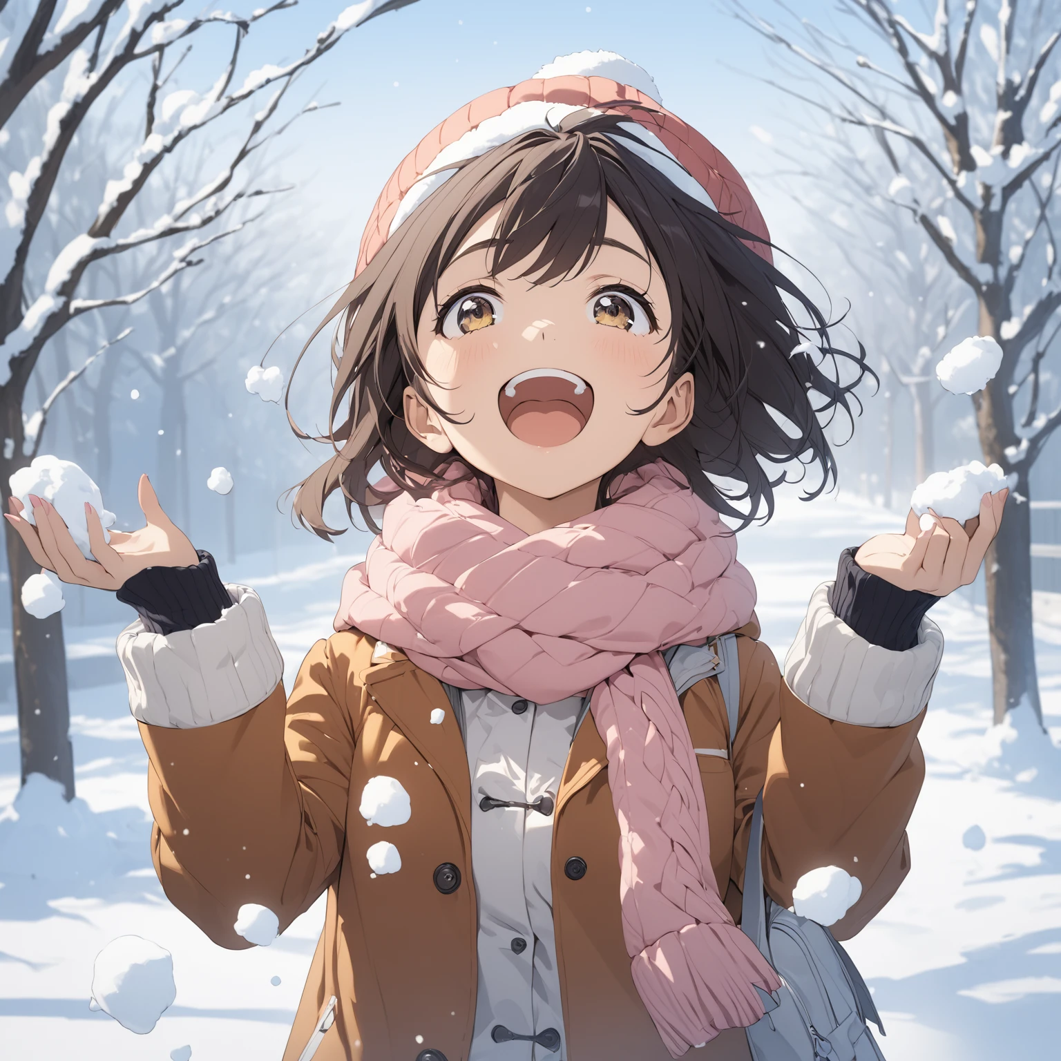 girl, 、Winter Clothing, Small breasts, Looking up to eat snow、smile