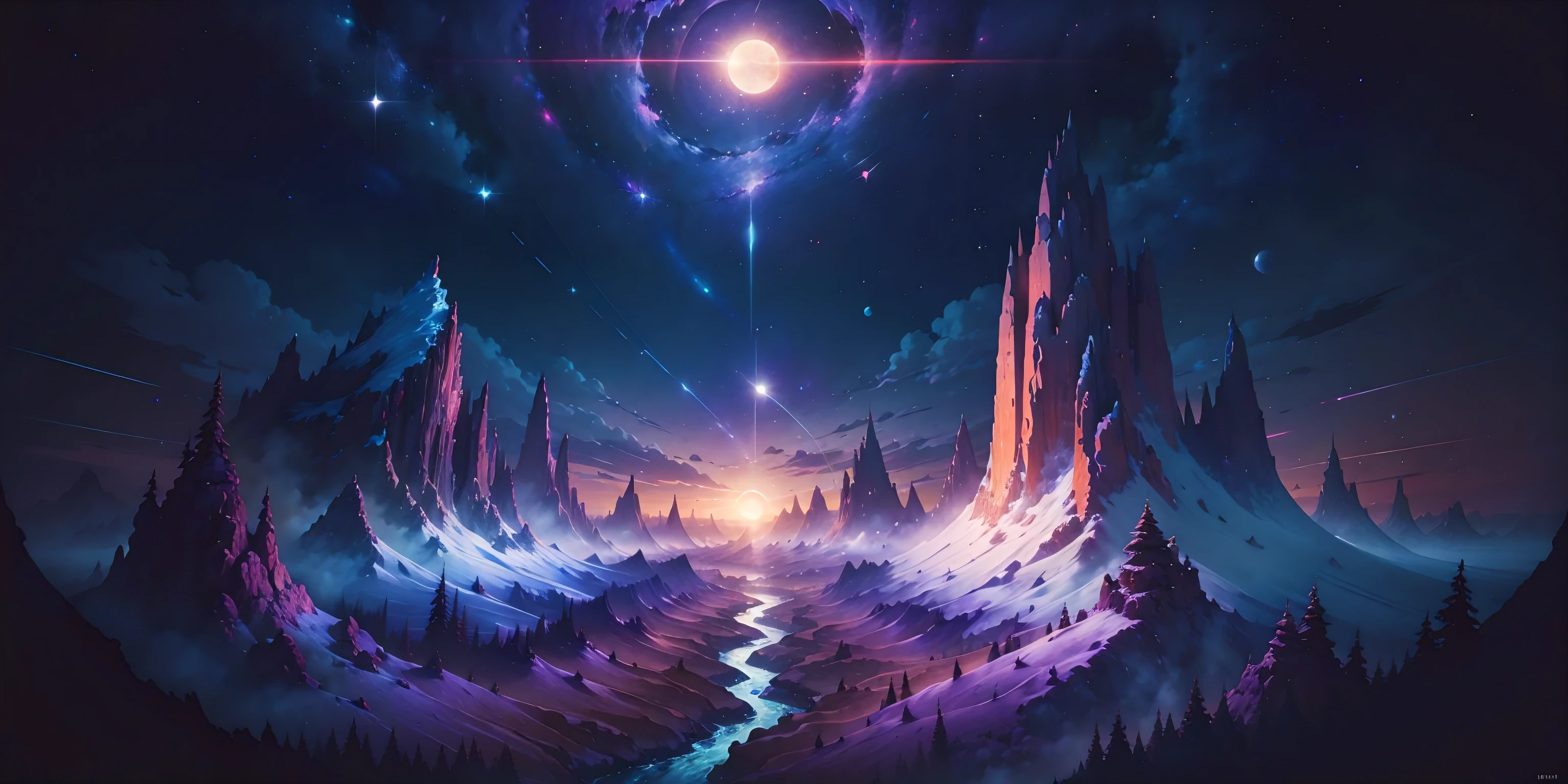 The place is a distant planet, but capable of supporting life.
This planet has a purplish blue sky and we can see other galaxies shining on it in addition to the nearest stars.
We have 3 moons of different sizes and one of them is so close that we can see the details of its craters.
In the background we see a large mountain and two hills further on forming a valley in the center with a large and wide river passing through.
We have trees of different types, all different from any type we know, as we are on a planet completely different from planet Earth.
The wind subtly blows the trees, giving movement and dynamism to the scene. The entire scene is animated with vibrant colors and subtle contrasts, highlighting the beauty of the scenery and the aura of mystery of the moon.
This animated scene captures the excitement and grandeur of an epic journey, the horizon lit by the moon, ready to embark on an incredible adventure full of challenges and discoveries.
