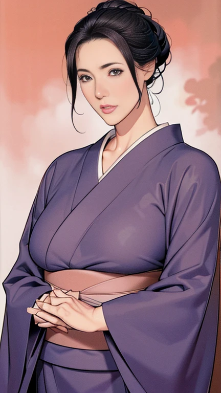 Japanese hairstyle，Photorealism，detailed，masterpiece，mature，((full))， (Broad shoulders), ((Huge))，Plus size mature women，expensive，4，Pretty face, (Plump woman)，Beautiful long-sleeved Kimono，Kimono，Hold your chest with both hands:1，high quality，Are standing，High resolution 4K information,Kyoto,