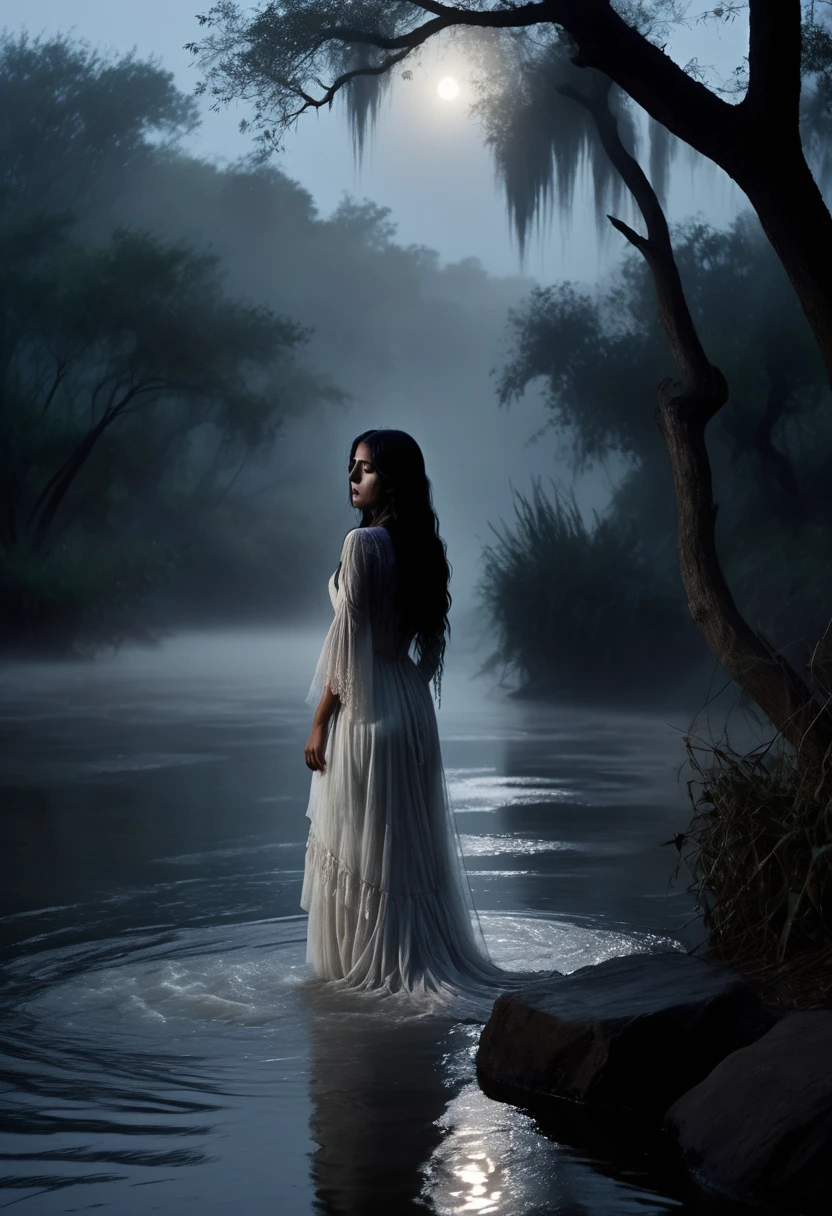 The scene takes place in a dense, ancient forest, where the trees are so tall that their intertwined branches completely block out the moonlight. The darkness is total, except for a thin beam of bluish light that penetrates the thick fog, creating elongated, distorted shadows that appear to move of their own accord.In the heart of this forest, there is a small lake with black and impenetrable waters, so quiet they seem made of glass. in the center of the lake, floats an old boat, with rotten and creaking wood, apparently long abandoned. However, something seems to inhabit its darkness.inside boat, a figure is standing, immobile. It's a woman, or at least something that resembles a woman. Your white dress is in tatters, dirty with mud and dried blood, contrasting eerily with the darkness around it. Her long black hair is wet, sticking to your face, but his face is not visible – it is hidden by darkness, except for your eyes. They glow unnaturally, with a silvery glow that pierces the darkness like two sinister headlights.She holds a lit candle, but the flame is not normal; it's blue, and its light does not dispel the darkness, but it attracts her, making everything around even darker. The light only illuminates your face, revealing a twisted and insane smile, that suggests something beyond madness – a deep, inhuman malevolence.The water around the boat begins to stir slightly., as if something was moving beneath the surface, something big and invisible. The waves begin to crash against the shores of the lake, and the sound is almost drowned out by the growing murmur coming from the forest, as if thousands of voices were whispering ancient and forbidden secrets.Suddenly, the woman raises the candle and looks directly at the person watching her, his eyes shining with an intensity that freezes the blood. The murmur turns into a high-pitched scream, penetrating, and the darkness seems to close in around, leaving only the woman and her silver eyes