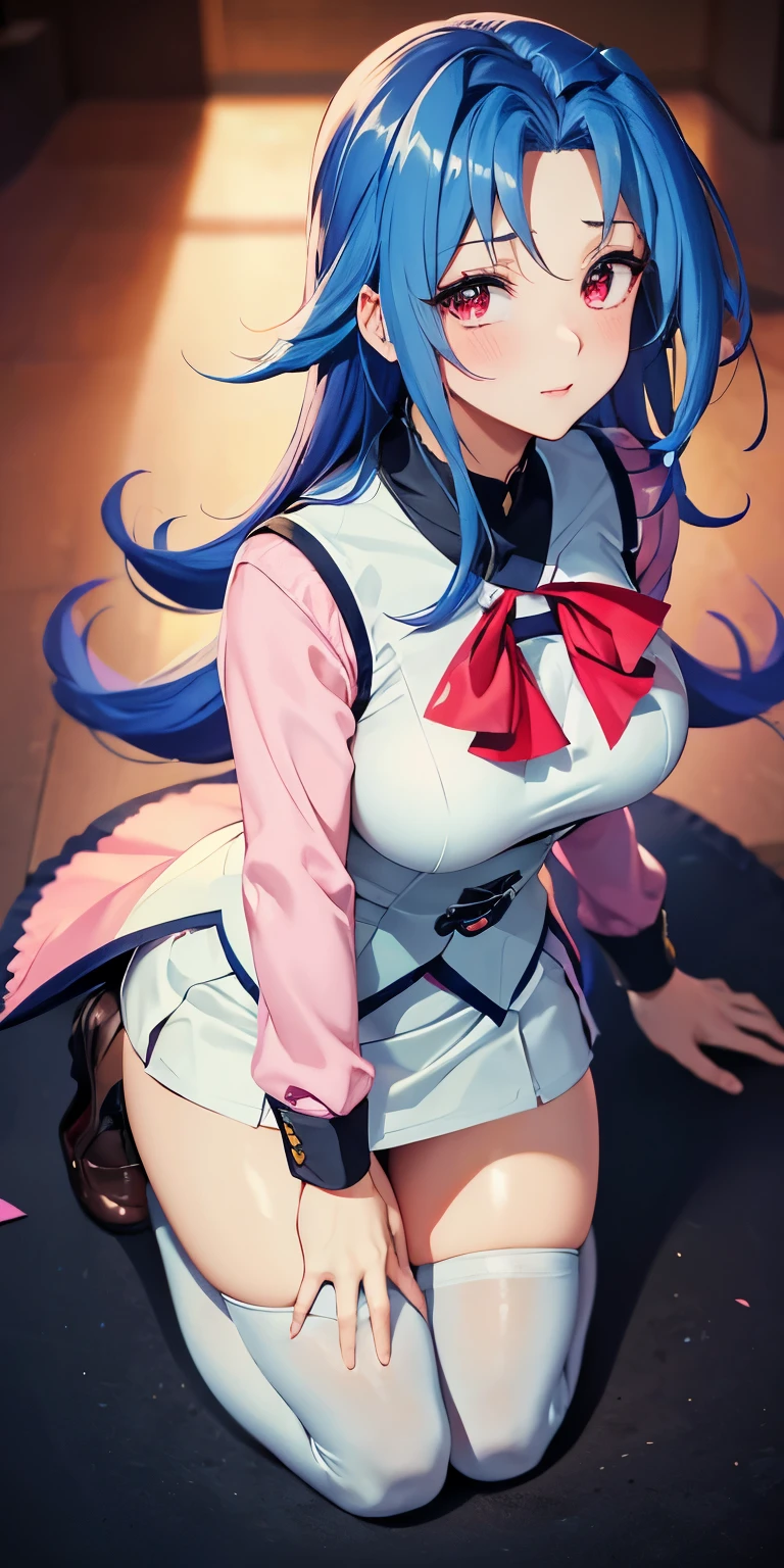 1 Female,High definition,high resolution,Ultra-realistic,8K, kr1, multicolored hair, dyed bangs, long sleeves,tight black thighhighs, bow, pink dress, white vest, white skirt,tight skirt, miniskirt,brown shoes,large breasts,European,sexy,Upper body close-up,Photographed from the front,Dynamic Angles,private teacher,A little sheer underwear,blue underwear,blush, big tits ,(top view),(full body), perfect face,cute face