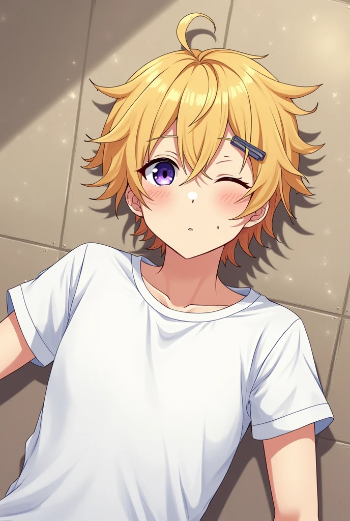 kendomurft, vtuber, femboy, yellow hair, violet eyes, student clothes, Ears in hair, yellow tail, Blushing, happy, long sleeves, white clothes, black chalequito, short hair, whole body, long nylon, chaleco negro, sex, pene, sexo, otro chico desnudo, sin pantalones, Sexo duro, cum, cum in mouth, pene en la boca