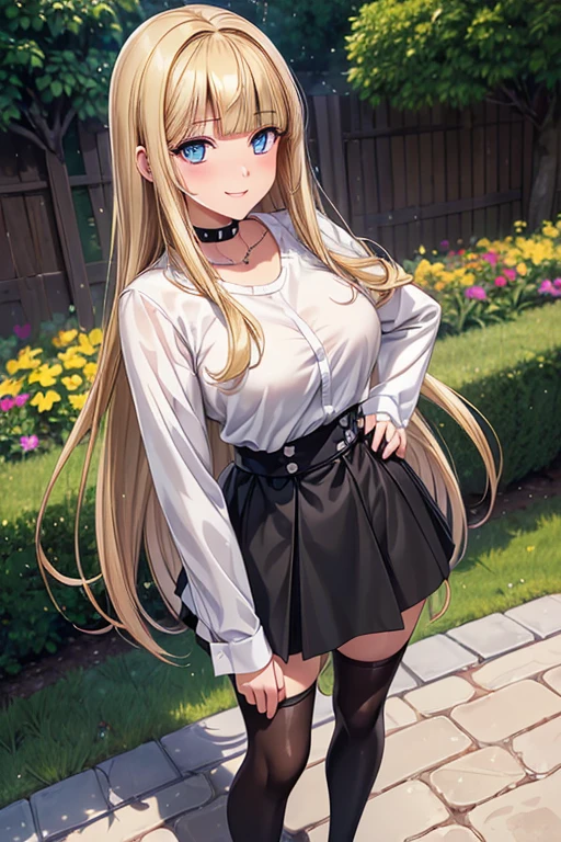 Girl posing for a photo, animeのかわいい***, ((One Girl)), ((Baby Face:1.3)), ((cute:1.3)), 
break 

(((White long sleeve shirt:1.4)), ((black high waist skirt:1.2)), ((Black choker)), ((Black knee-high stockings)), ((Shiny black high heels))), ((A very flashy necklace studded with various gemstones)), ((A very flashy bracelet studded with gemstones)), 
break 

((Blonde:1.3)), ((blunt bangs:1.5)), ((Long Hair) : (Voluminous Hair) + (Fluffy hair) + (Curly hair)), 
(Droopy eyes:1.4), (Big eyes:1.1), (blue eyes), 
(boyish), 
break 

((noon, garden)),  
((Wicked Smile, blush:1.2)), 
(((Hands on hips、Stand with your feet shoulder-width apart、Confident standing pose))),
((Angle from the front)), ((Character Focus)), ((Cowboy Shot)), 
break 

(Slim figure), (Symmetrical facial features), 
(Detailed Hair), (Beautiful Hair), (Shiny Hair), 
(Double eyelids), (Long eyelashes), (Thin eyebrows:0.5), 
(Shining Eyes), (Detailed eyes), (Beautiful Eyes), (Delicate eyes), (Perfect Eyes), (Sparkling eyes), (Eye Reflexes), (Glitter Eyeliner), 
(Human Ear), 
(Beautiful Nose), (Thin Nose), 
(Glossy Lips), (Beautiful Lips), (Thick lips), 
break 

(((Best Quality)), ((masterpiece:1.3)), ((Very detailed))), ((Ultra-high resolution)), ((16k)), ((1080P)), ((Full HD)), 
(Anatomically correct), ((Realistic)), (3DCG), ((oil)), 
((comics, anime)), (CG illustration), (RAW Photos), 
