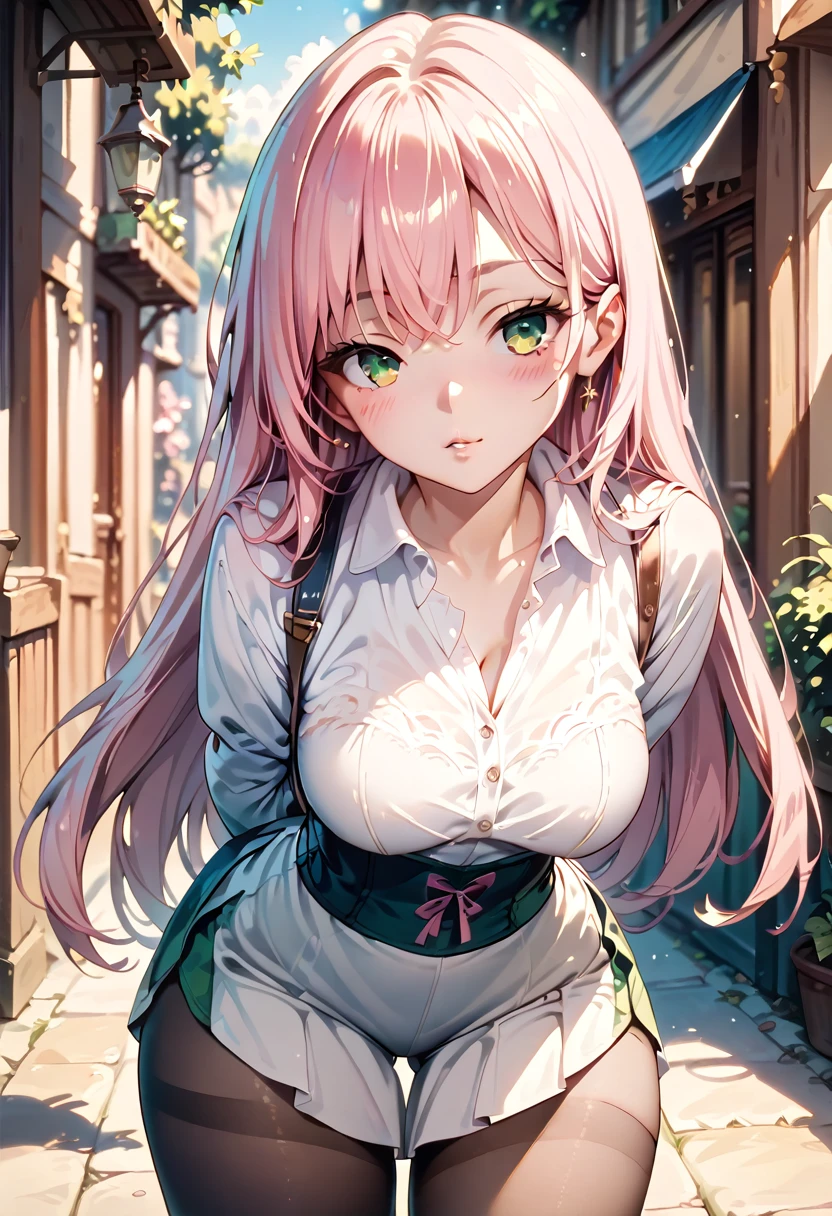 (masterpiece), (best quality), (high resolution), (expressive eyes), (perfect face), (clothed), (pink hair), (straight long hair), (green eyes), flushed face, blush, ((leaning forward)), ((arms behind back))