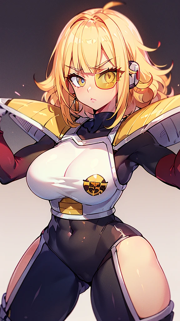 Blonde girl with blue eyes, earrings, yellow blonde hair, curly hair, blunt bangs, straight bangs, lip filler, eyelashes, raising right eyebrow, thick eyeliner, thick eyebrows, crop top , intimidating, red aura , tinted eyewear, saiyan Scouter, saiyan armor 