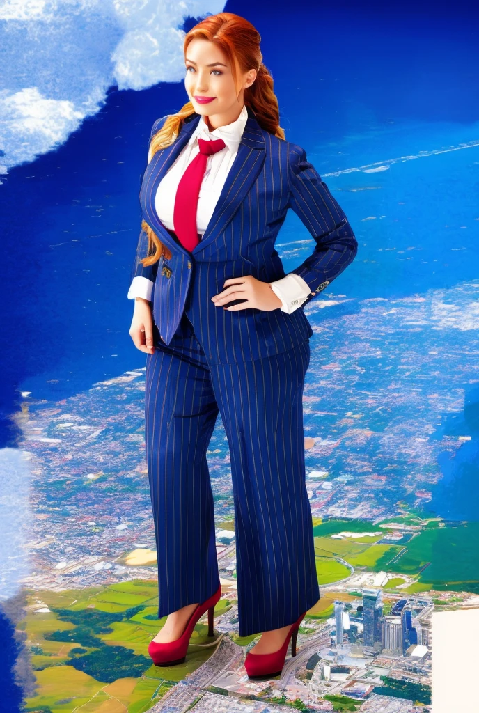 Giantess art, tera giantess in distance walking on countries, young women with beautiful curves, massive thighs, ginger hair, lipstick, wearing a perfect form-fitting loght grey pinstripe trouser suit and blazer, crisp white shirt with large spread collar, large blade width Windsor knot blue tie, with massive breasts. She is wearing platform high heels and standing on a miniature city, with skyscrapers at her feet, smiling with her huge breasts. This image is highly detailed, photorealistic, best quality, a masterpiece, with cinematic lighting, ultra-detailed, long ponytail hair with front bangs, high altitude photography, satellite view, a curvy figure, heaving bosom, legs, a stepping on mulitple mega city,, destruction, buildings, roads, a cloudy, overcast, hazy atmosphere, and wispy clouds. Pov