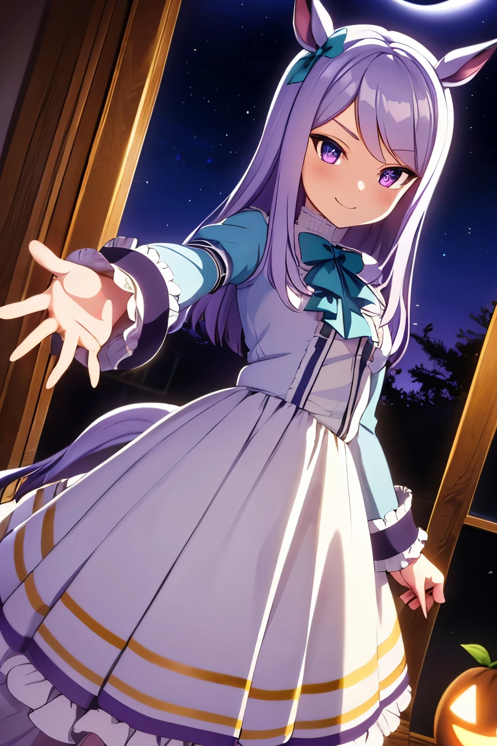 ideal ratio body proportions, reaching out ,high school student ,Night , Light purple hair, small breasts , seductive smile, wizard white ****ta fashion ,long skirt,Halloween, horse ear, Horse tail, high angle