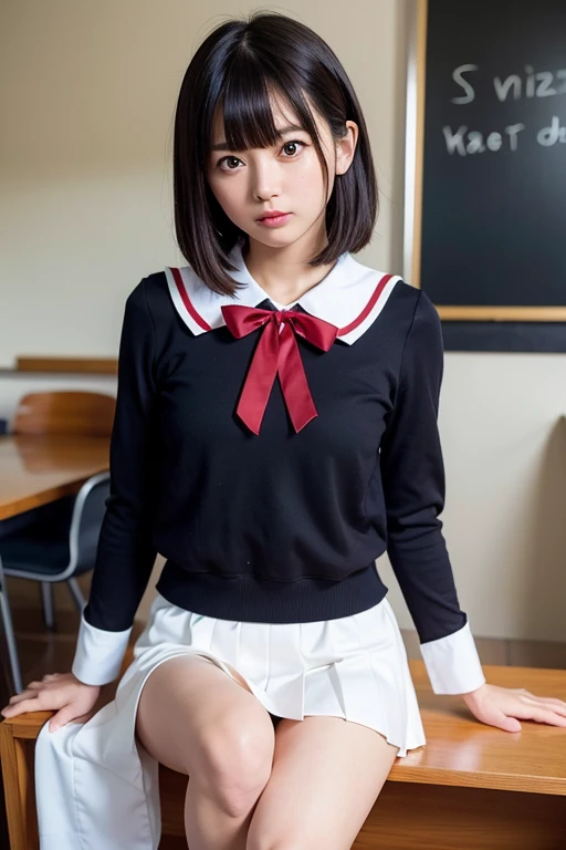 Japanese short hair girl,Tiny、cute、Black Eyes、Black Hair、Beautiful Skin、Shoulders are tilted、Thin legs、body（slim）、Completely naked、Small breasts,indoor,Detailed and precise eye、Narrow shoulders、Double eyelids、classroom、Shaggy bangs、Long Hair、uniform, Seraphim, Pleated skirt, Sailor collar, White shirt,Red ribbon on chest、