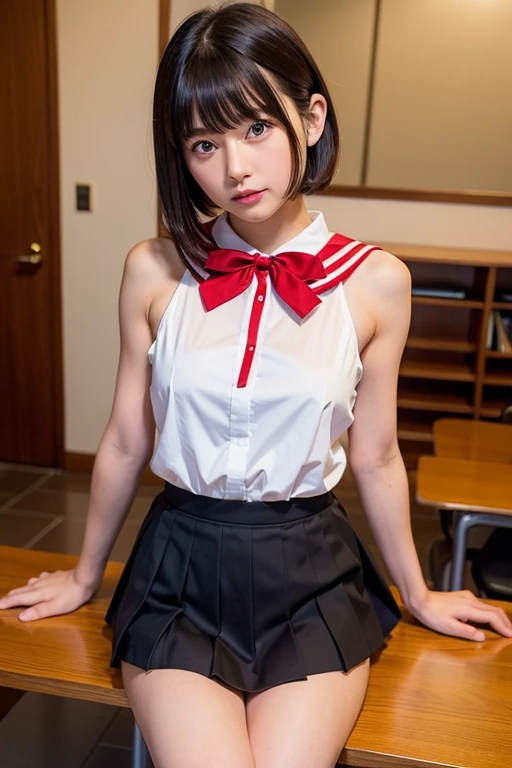 Japanese short hair girl,Tiny、cute、Black Eyes、Black Hair、Beautiful Skin、Shoulders are tilted、Thin legs、body（slim）、Completely naked、Small breasts,indoor,Detailed and precise eye、Narrow shoulders、Double eyelids、classroom、Shaggy bangs、Long Hair、uniform, Seraphim, Pleated skirt, Sailor collar, White shirt,Red ribbon on chest、