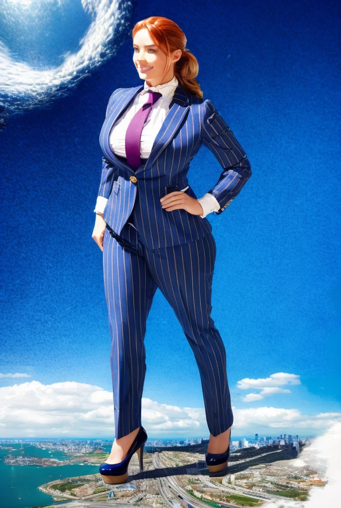 Giantess art, tera giantess in distance walking on countries, young women with beautiful curves, massive thighs, ginger hair, lipstick, wearing a perfect form-fitting loght grey pinstripe trouser suit and blazer, crisp white shirt with large spread collar, large blade width Windsor knot blue tie, with massive breasts. She is wearing platform high heels and standing on a miniature city, with skyscrapers at her feet, smiling with her huge breasts. This image is highly detailed, photorealistic, best quality, a masterpiece, with cinematic lighting, ultra-detailed, long ponytail hair with front bangs, high altitude photography, satellite view, a curvy figure, heaving bosom, legs, a stepping on mulitple mega city,, destruction, buildings, roads, a cloudy, overcast, hazy atmosphere, and wispy clouds. Pov