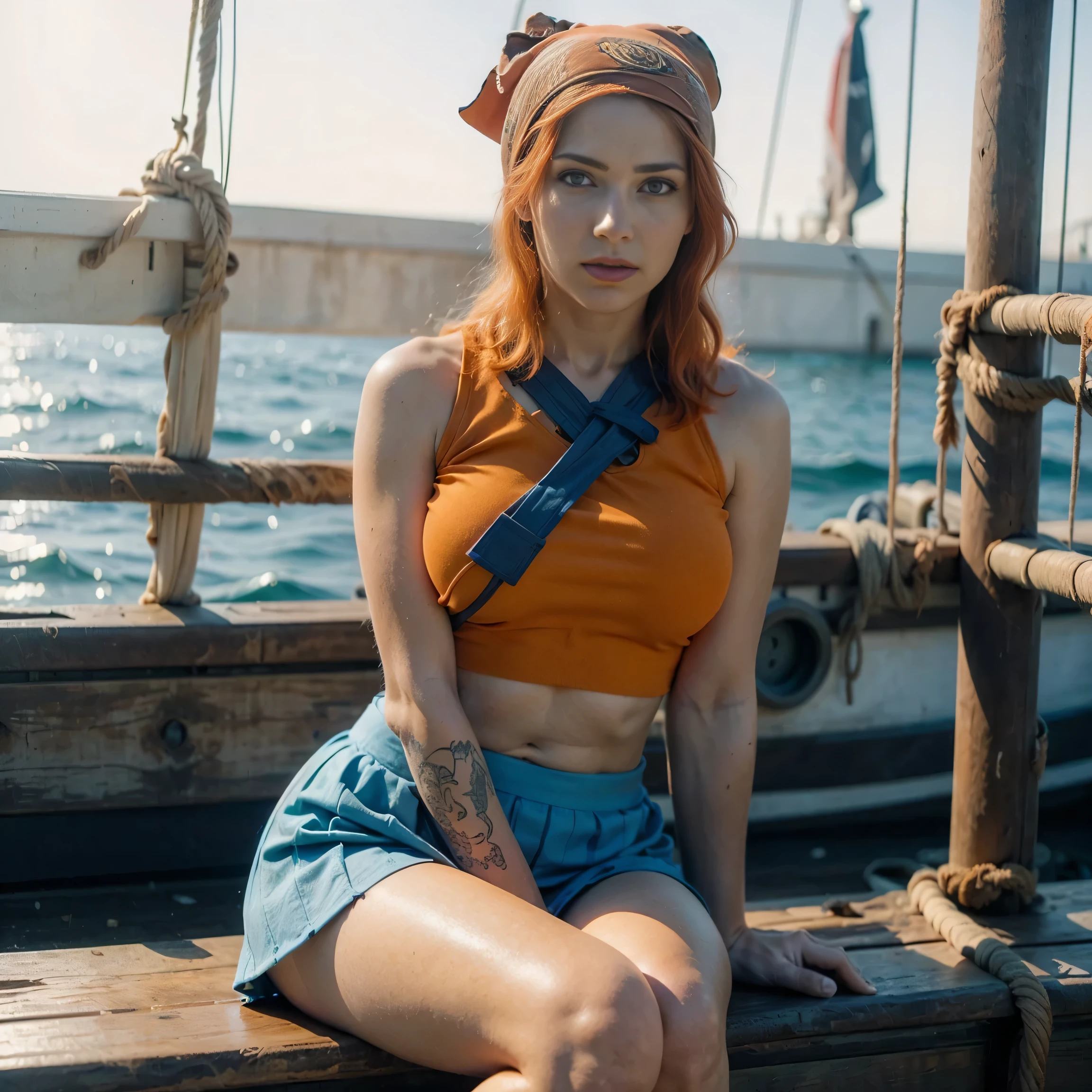 Nami, realistic photo, photorealistic, hyperrealistic, intricate details, RAW photo, ray tracing, image fill, UHD, masterpiece, accurate, anatomically correct, super detail, high details, high quality, award winning, best quality, highres, 16k, Pirate headscarf, black stockings, red-gold coat with open shoulders and open front, redhead, one-piece underwear with open belly, white gloves, big breasts, wide hips, pirate ship, jewelry, sunshine, (((white croptop with light blue horizontal stripes:1.2))), (((sitting on the railing of a boat:1.2))), (((tattoed arm:1.2))), (((one hand on the ship helm:1.2))), (((orange mini skirt:1.2))), slim girl.