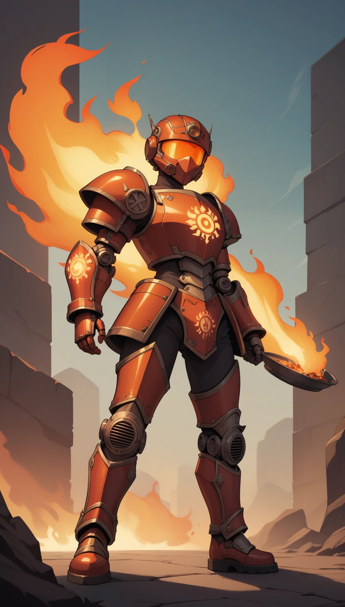 A full-body steampunk armor made of darkened steel and brass, featuring intricate gears and cogs that constantly whir and shift. The chest plate is engraved with fiery patterns, glowing faintly in ember-like orange. The helmet is fully enclosed, with a glowing crimson visor that resembles molten glass. Along the shoulders and gauntlets, blackened metal plates are fused with red-hot pipes that emit occasional bursts of steam. Flames flicker from the arm joints, and the boots are reinforced with thick iron, giving the wearer a towering presence. The dominant red and black colors create an ominous and powerful look, while fiery orange veins run throughout the armor, giving it a fierce, molten aura.