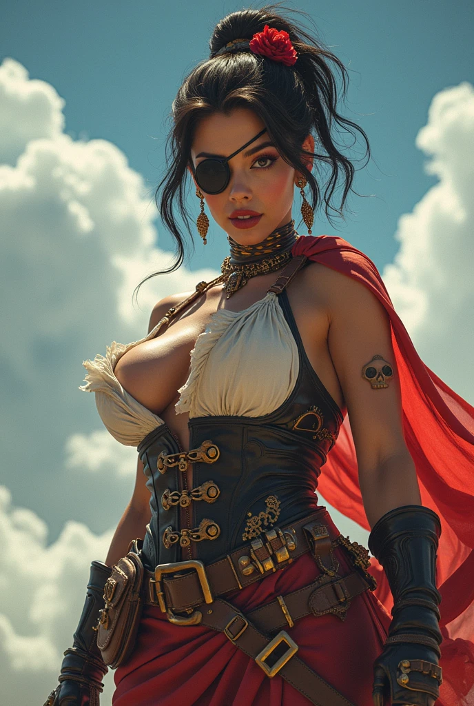 Girl with wavy red hair and rebellious, ((hair slicked back)), Caucasian woman,golden eyes and tanned skin, round breasts,Steampunk pirate style clothes, (gigantic breasts), background with clouds, realistic style.