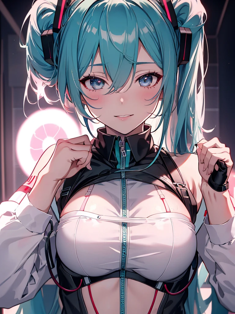 masterpiece, best quality, very aesthetic, absurdres, newest,1girl,naked_shirt, covered_nipples, ,hatsune_miku, vocaloid, very_long_hair,  twintails, number_tattoo,aqua_eyes, aqua_hair,,,in kitchen